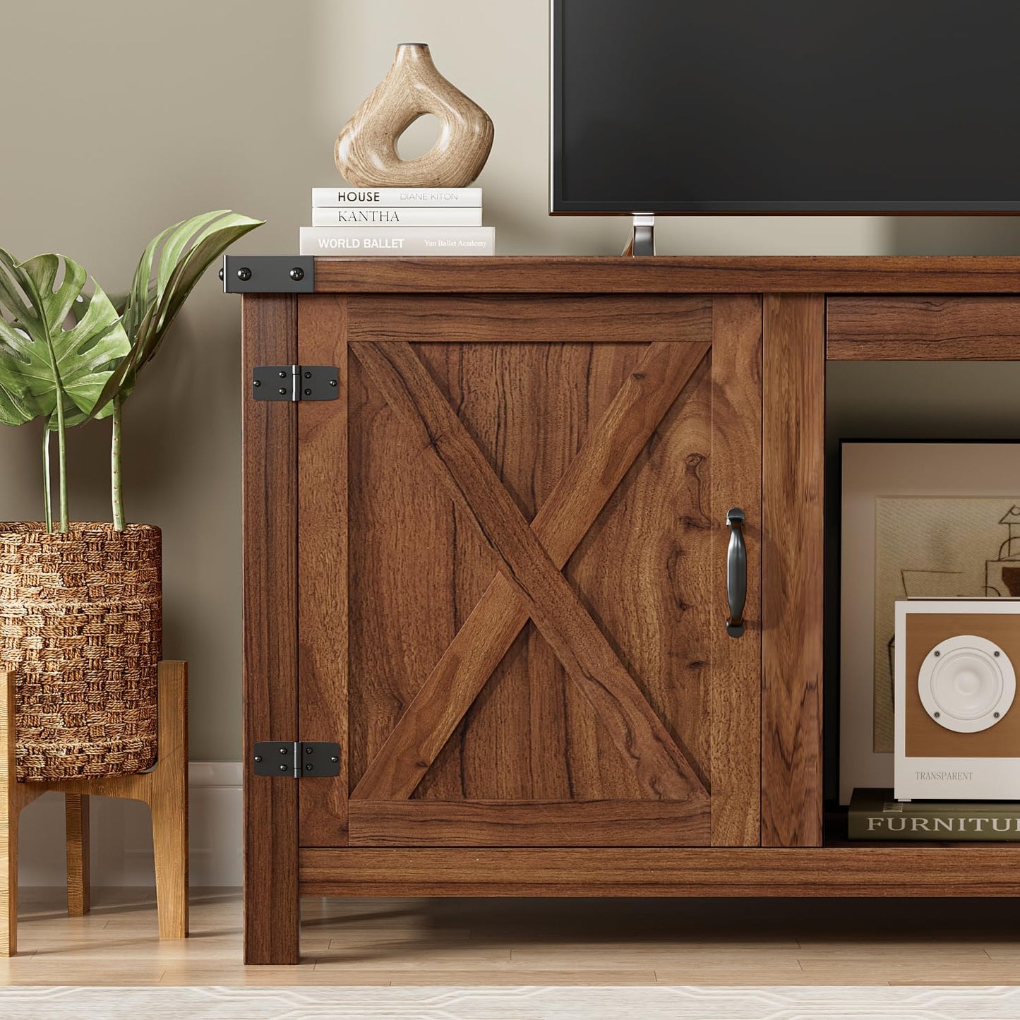 YESHOMY Fireplace TV Stand with Two Barn Doors and Storage Cabinets for Televisions up to 65+ Inch, Entertainment Center Console Table, Media Furniture for Living Room, 58 Inch