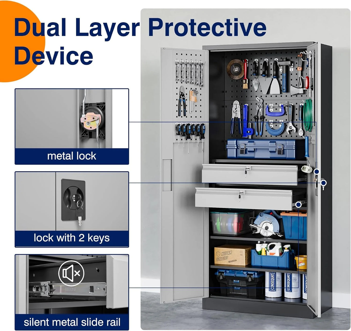 Yizosh Metal Garage Storage Cabinet with Locking Doors and 2 Drawers, Heavy Duty Steel Tool Cabinet with Pegboard, 71" - Lockable Cabinets