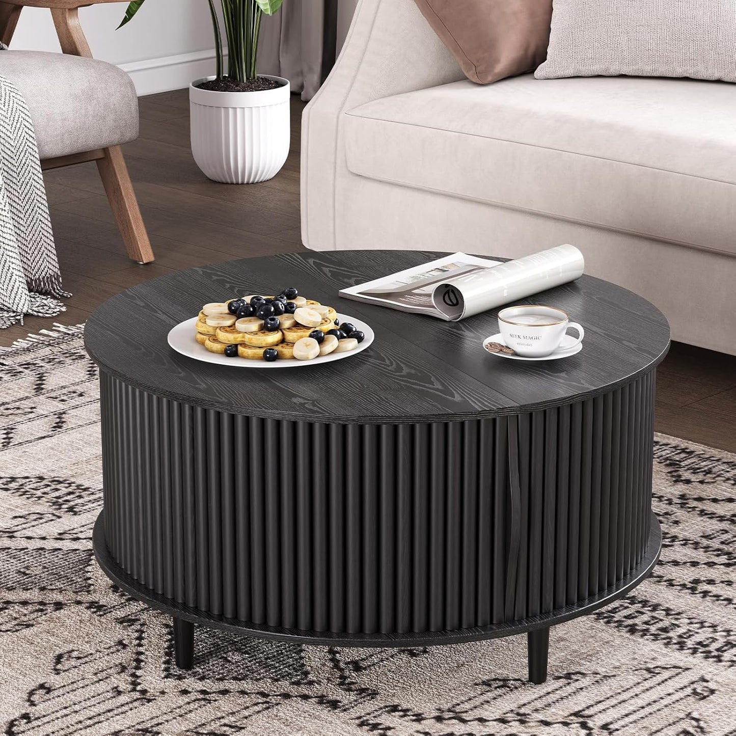 Round Coffee Table with Storage,Fluted Center Table with Sliding Cabinet Door for Living Room,Home Small Space,31.5" Small Center Table,Walnut