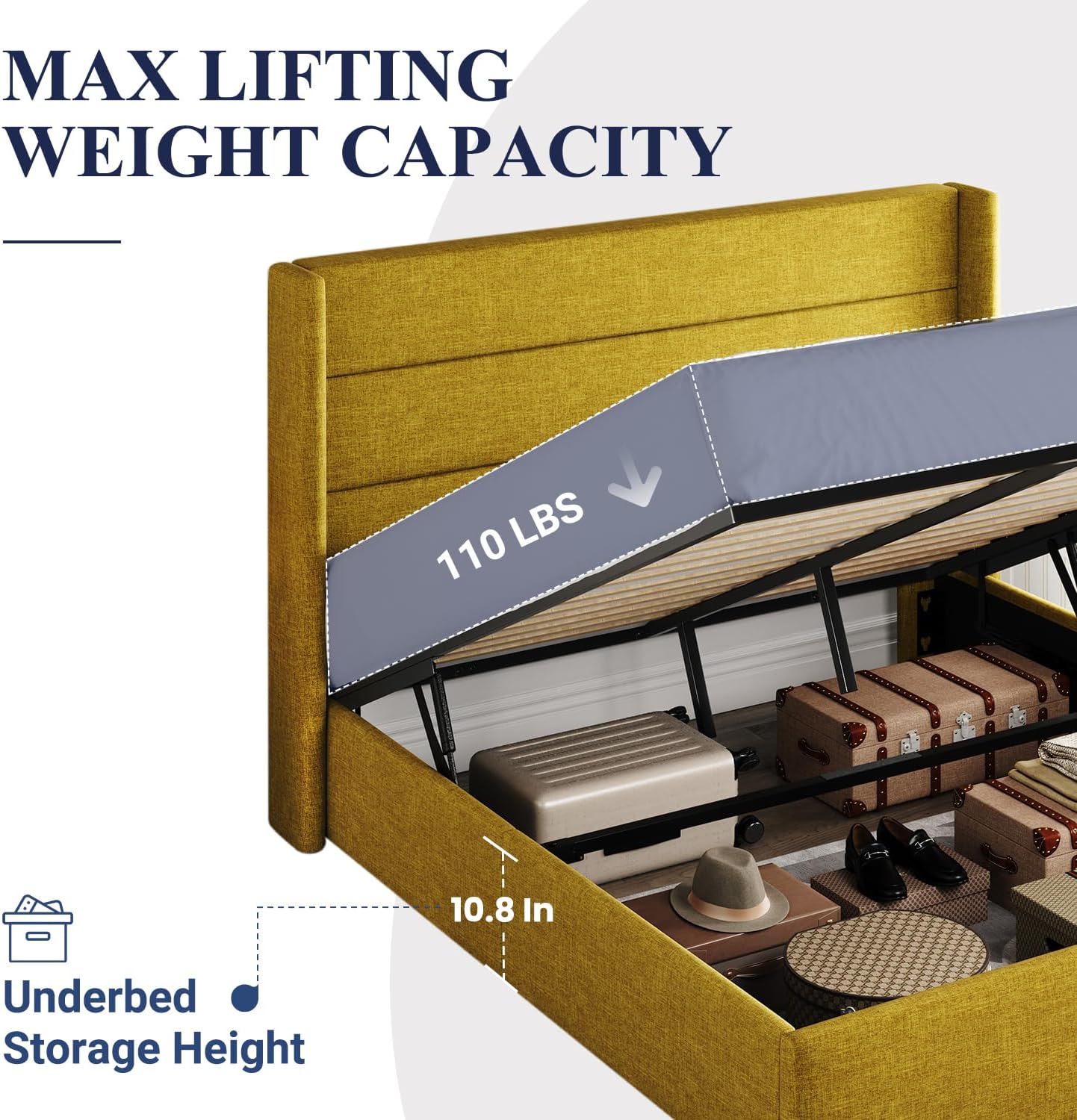 Allewie Queen Size Lift Up Storage Bed, Modern Wingback Headboard, Hydraulic Support, No Box Spring Needed, Light Beige