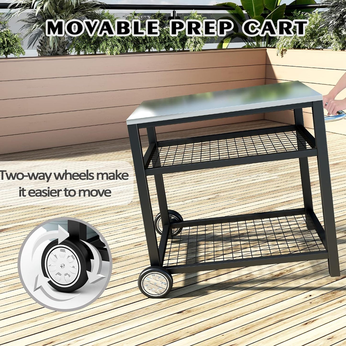 Stainless Steel Outdoor Grill Cart Pizza Oven Stand Trolley Table with Wheels Three-Shelf Movable Food Prep and Work Table Heavy Duty Grill Carts Outdoor Cart 31.5"×24"×35.5"