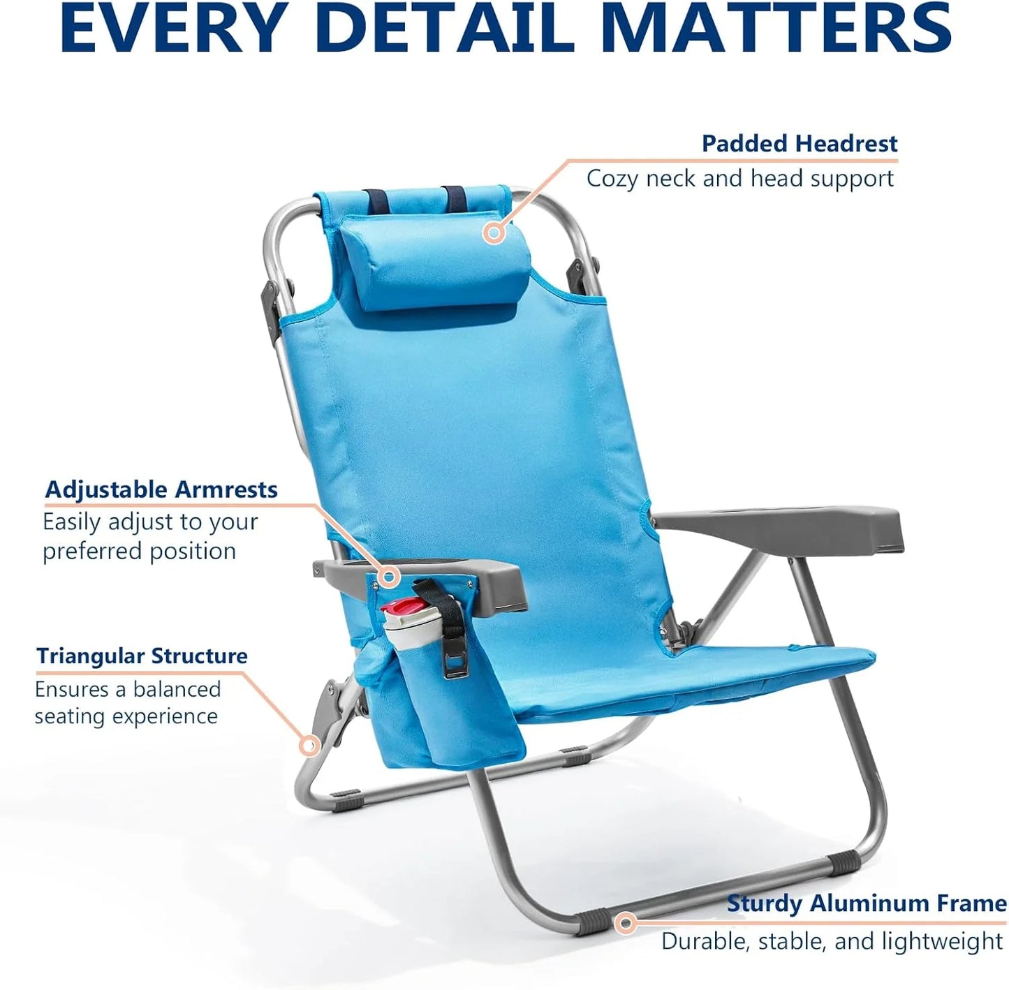 5-Position Aluminum Lay Flat Tall Backpack Beach Chairs 2 Pack Compact Portable Beach Chairs for Adults with Cooler Pouch, Storage Pouch, Towel Bar, Cup Holder & Phone Holder, Blue Stripe