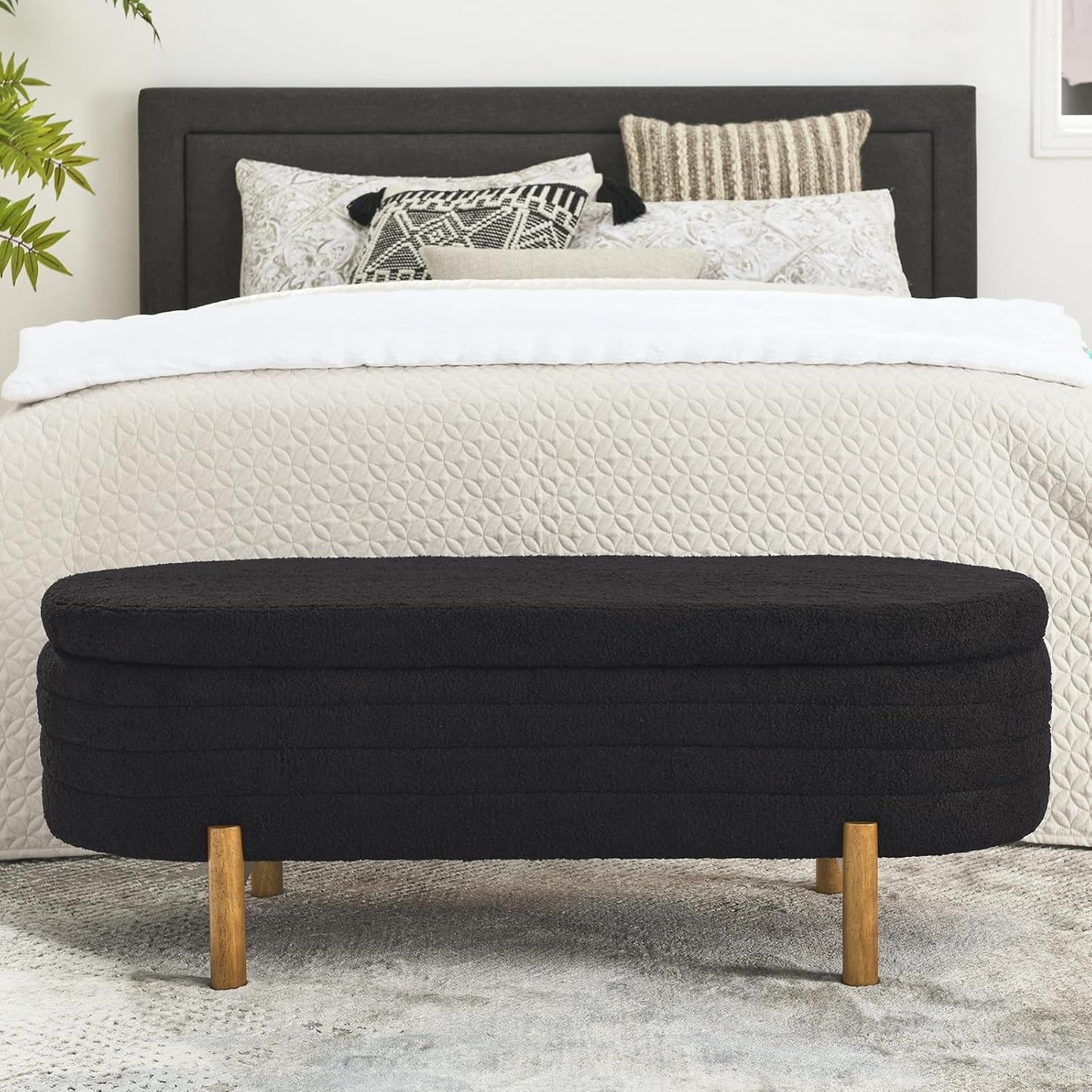 Furniliving Modern Storage Ottoman Bench, Sherpa Ottoman End of Bed Bench with Solid Wood Legs Upholstered Ottoman Benches with Storage Indoor Bench
