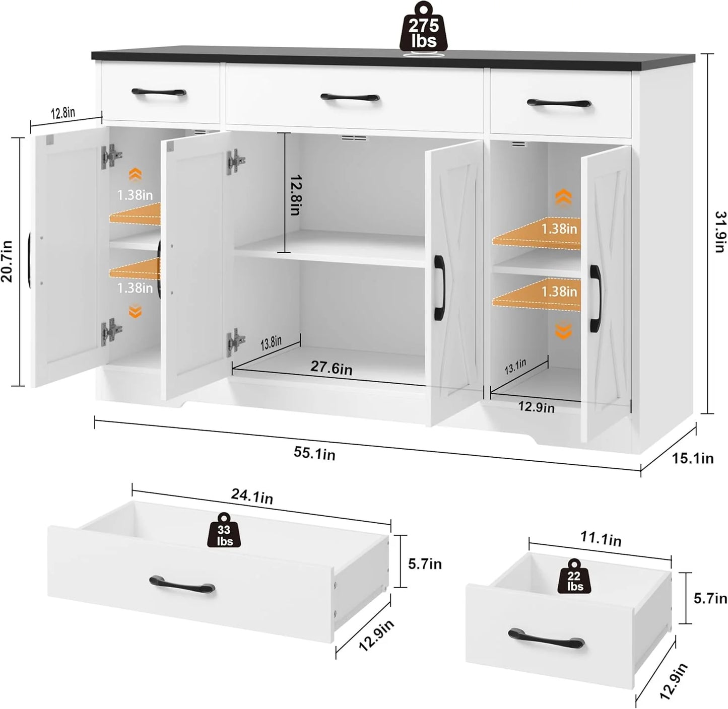 Sideboard with drawers, large 55-inch sideboard, sideboard storage with shelves and doors, modern farmhouse coffee bar wood kitchen dining table