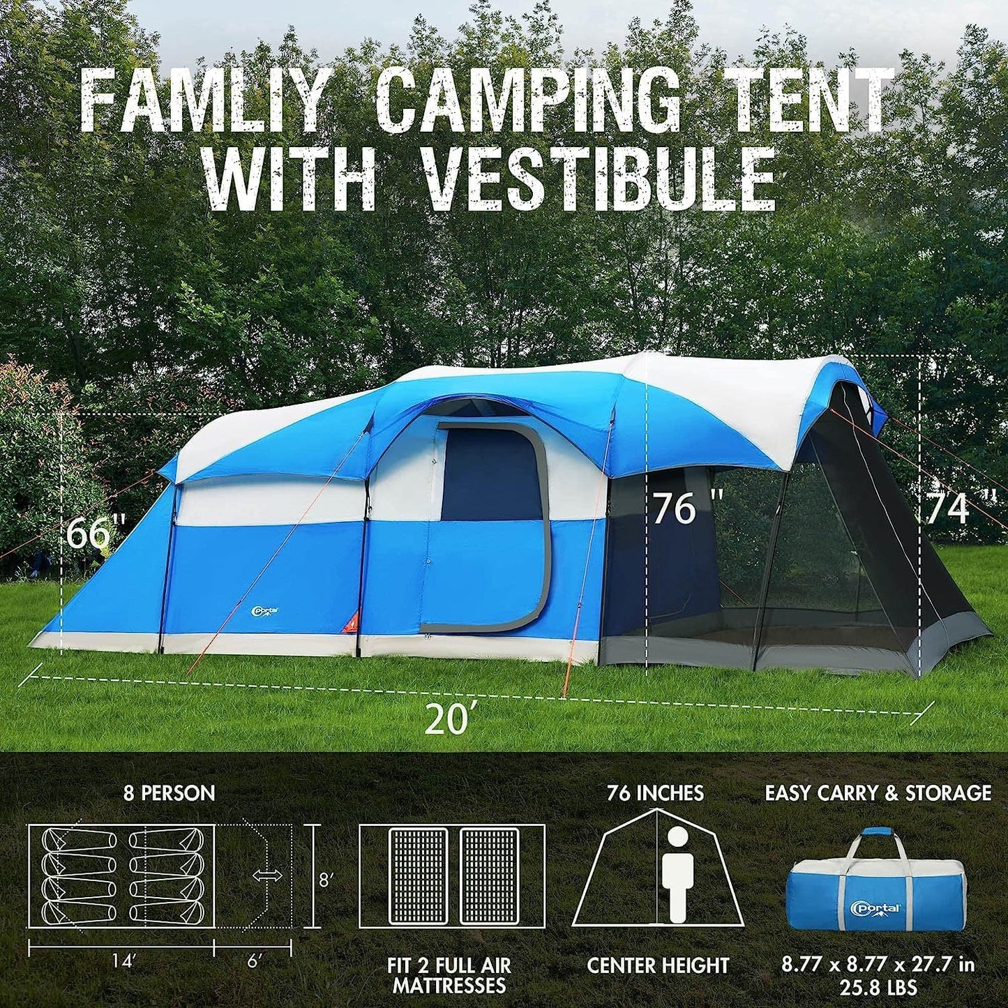 PORTAL 6/8/10 Person Family Camping Tent with Screen Room, Water Resistant Big Tunnel Tent with Rainfly, Large Family Tent for Outdoor Camping, Party
