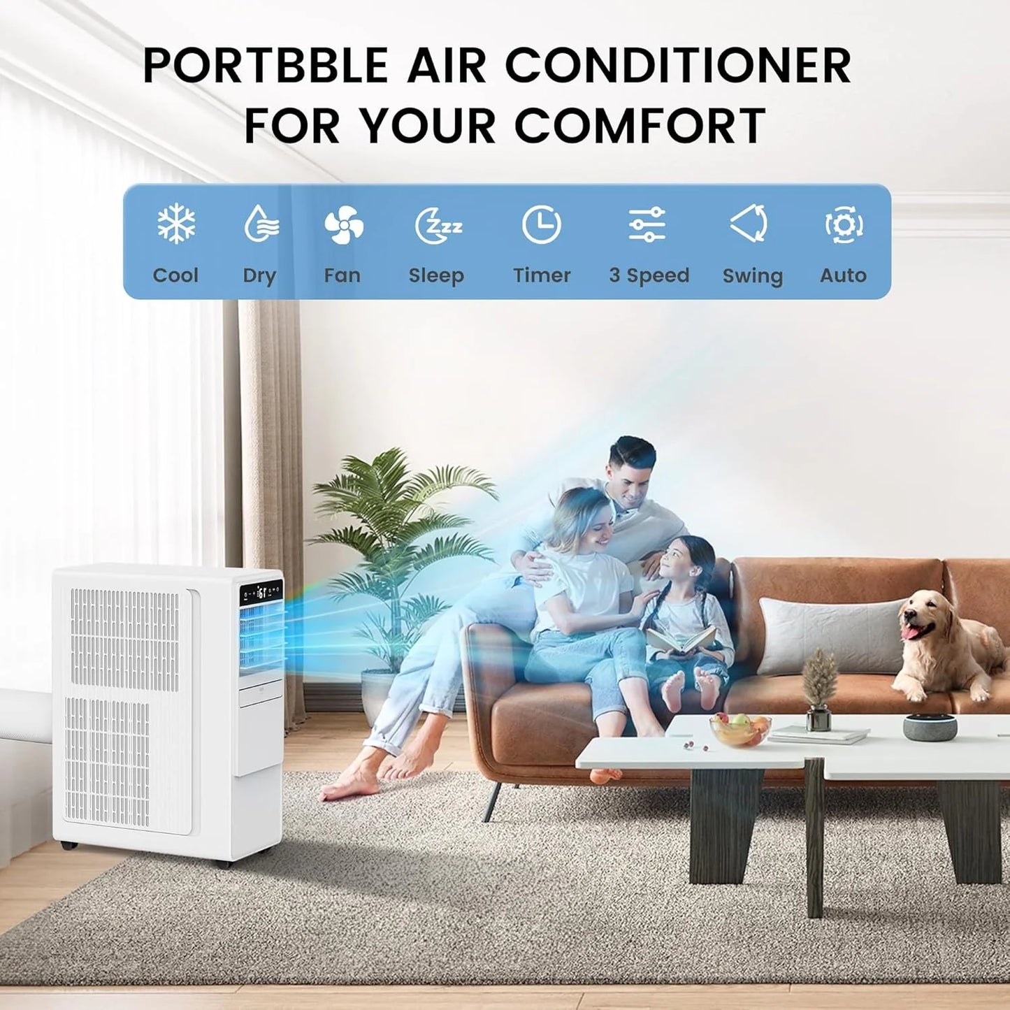 12000 BTU Portable Air Conditioners for Room up to 500 sq.ft, 3-in-1 Free Standing Quiet Portable AC Unit with Fan & Dehumidifier, Remote Control, Sleep Mode/24h Timer, 4 Speed, Auto Swing