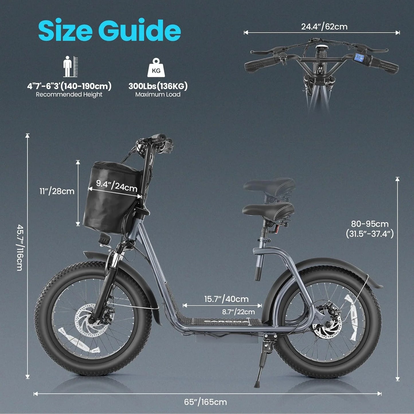 Caroma Peak 800W Foldable Adult Electric Scooter with 20-inch Wide Tires, 48V Battery, Basket, and Adjustable Seat