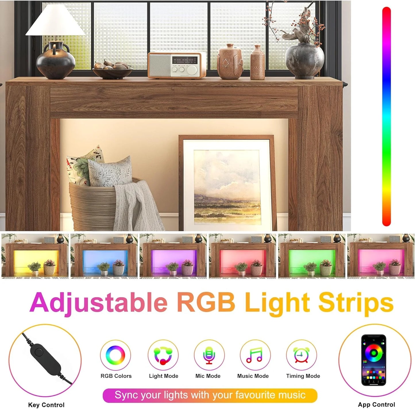 63-Inch Long Console Table with LED Light Farmhouse Sofa Table Behind Couch