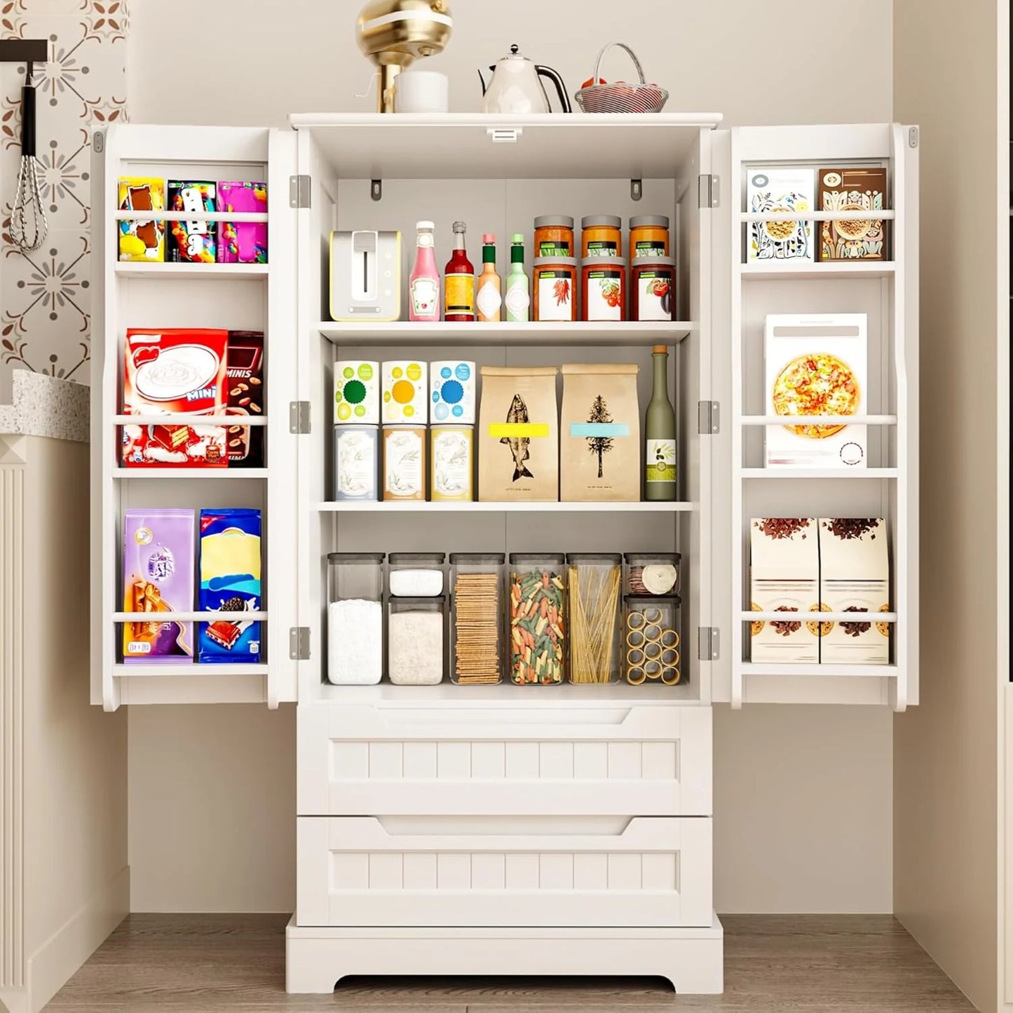 Gizoon Kitchen Pantry Cabinet with Drawers Freestanding Bathroom Storage Cabinet with Doors and Shelves, 47 Inch Small Pantry Cabinet