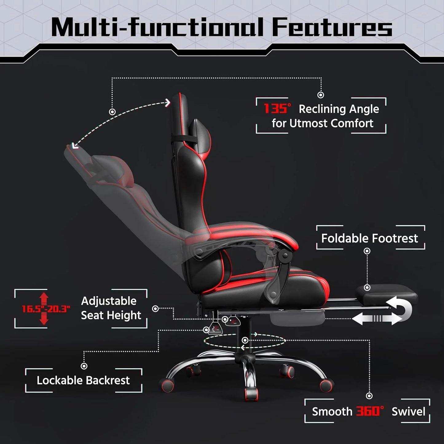 Gaming Chair with Massage Lumbar Support and Footrest Height Office Gaming Chair