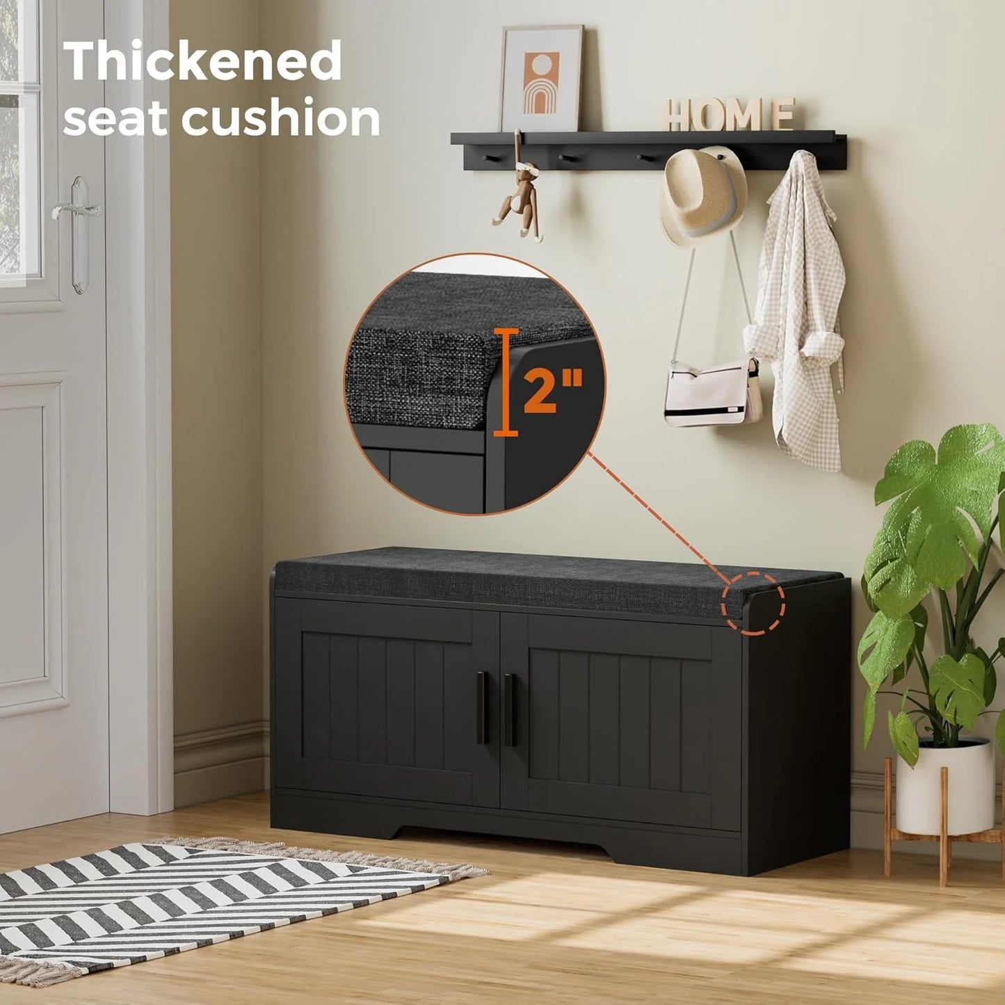 2-Tier Storage Bench, Shoe Bench with Thickened Padded Seat Cushion, Entryway Bench with 4 Doors, Adjustable Shelf