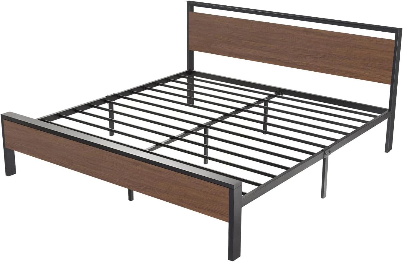 SHA CERLIN 14 Inch Full Size Metal Platform Bed Frame with Wooden Headboard and Footboard, Mattress Foundation, No Box Spring Needed, Large Under Bed Storage, Non-Slip Without Noise, Mahogany