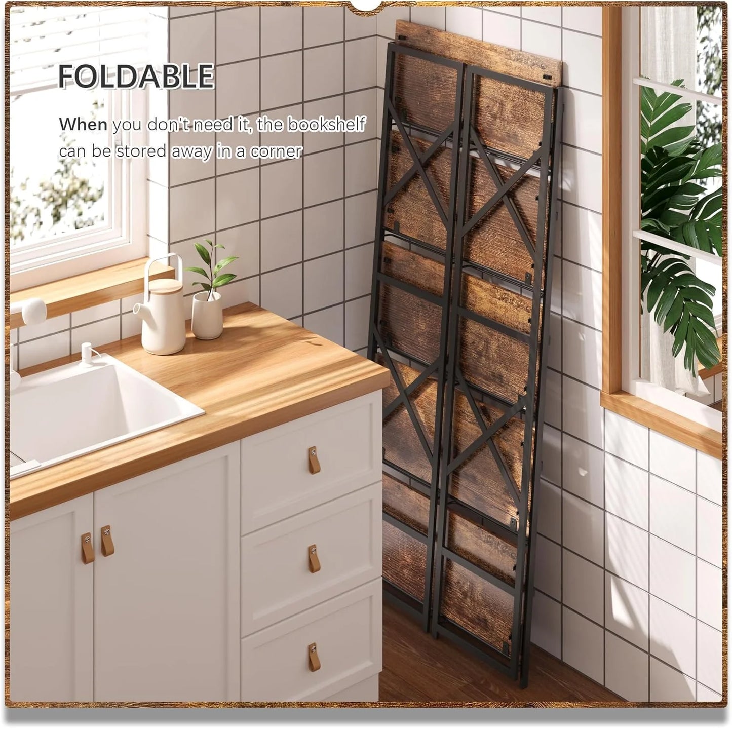 5 Tiers No Assembly Book Shelves 51.2" H Folding Bookshelf Bookcase