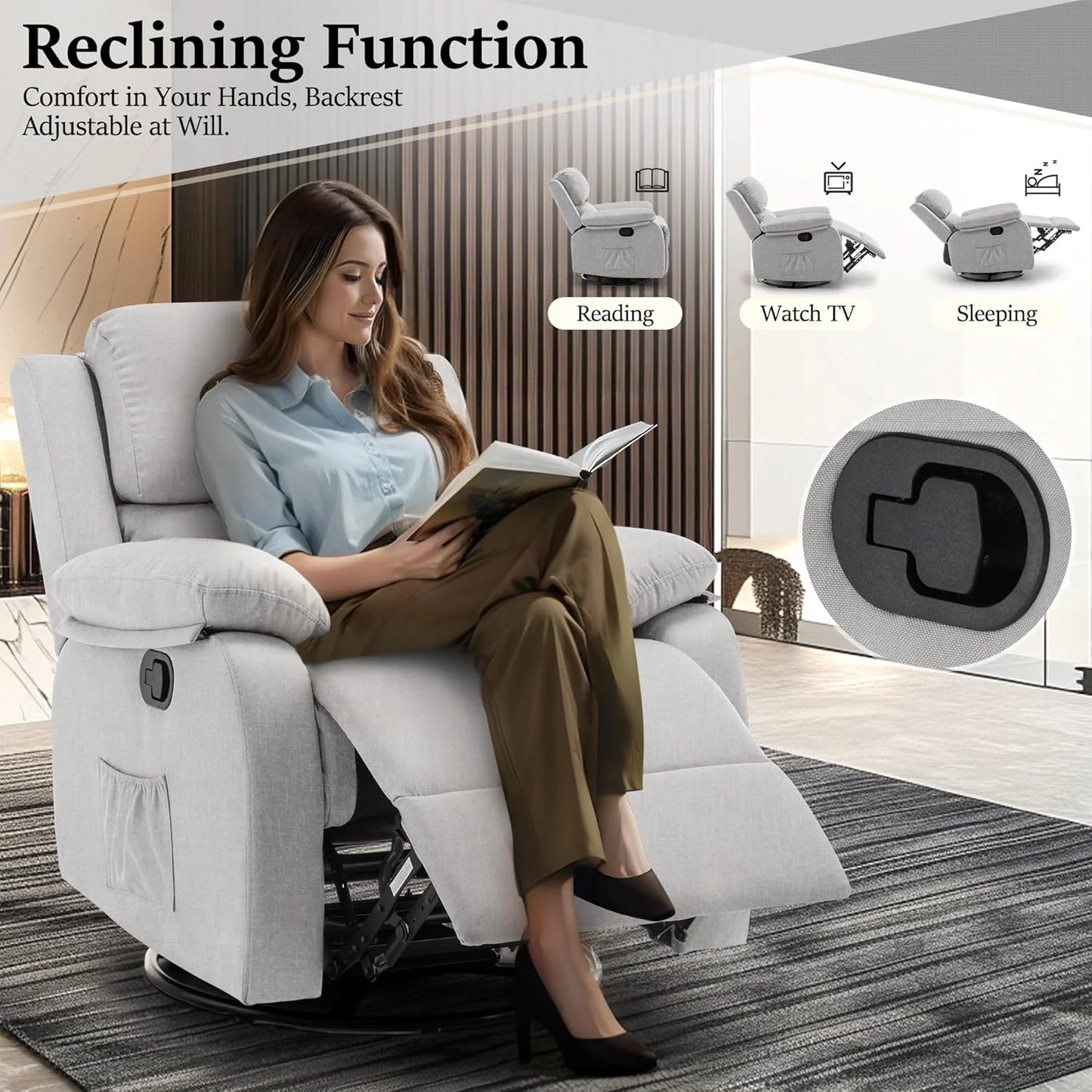 Reclining rocking chair 360 degree rotating fabric sliding reclining chair