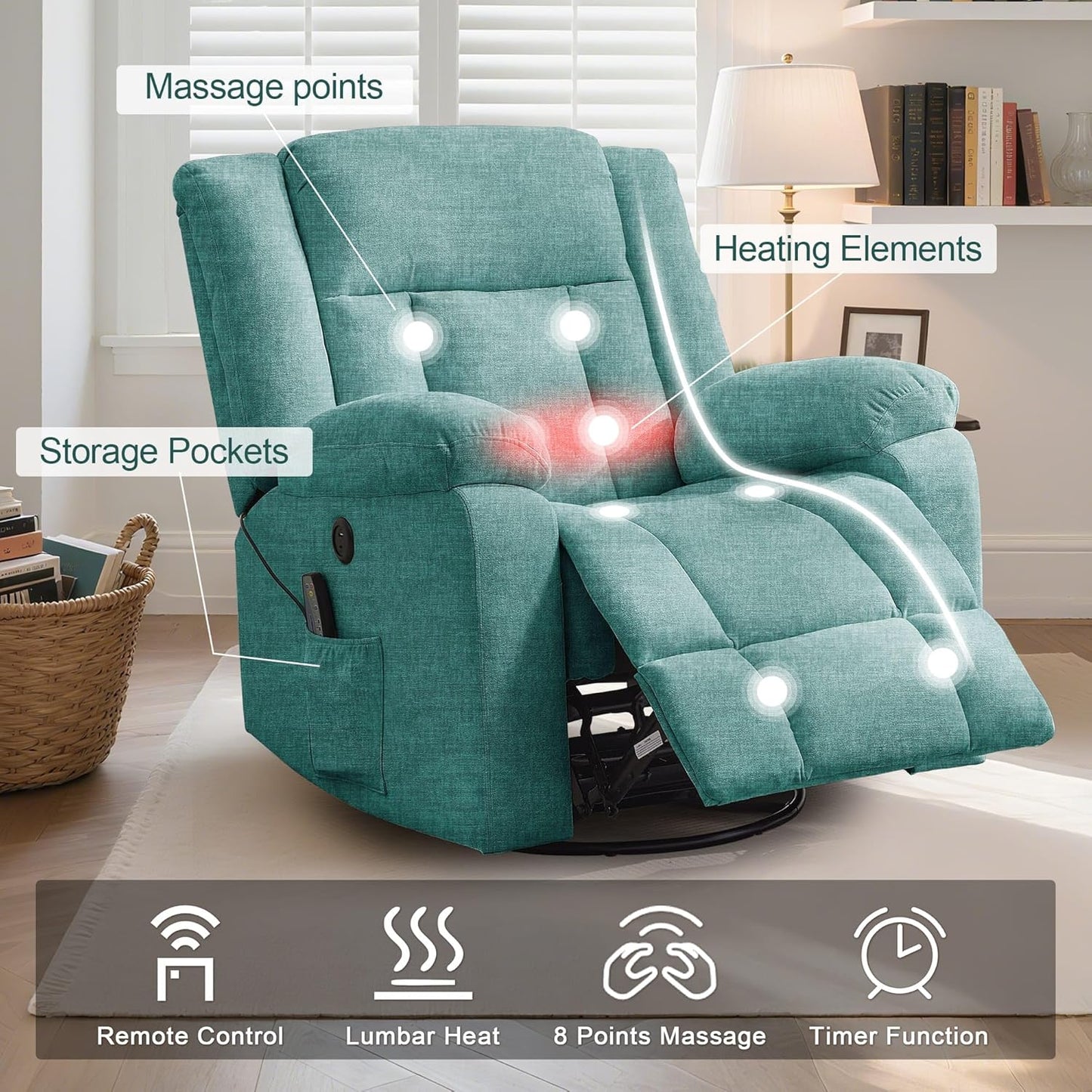 Adult rocking chair, gliding recliner, 360° rotating rocking chair with massage and heating function