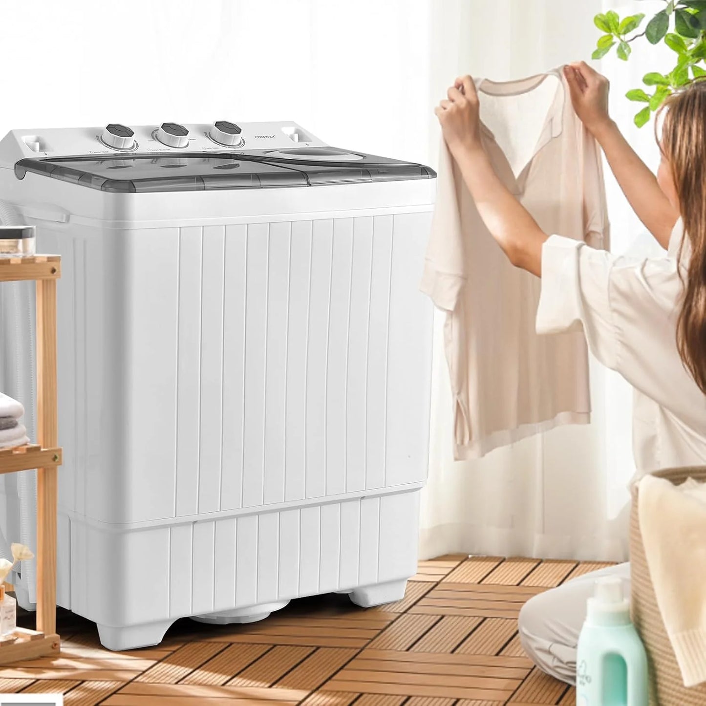 COSTWAY Double Tub 26 lb Capacity Laundry 18 lb 8 lb Spin Combo with Timer Knob Built-in Drain Pump Small Portable Washing Machine