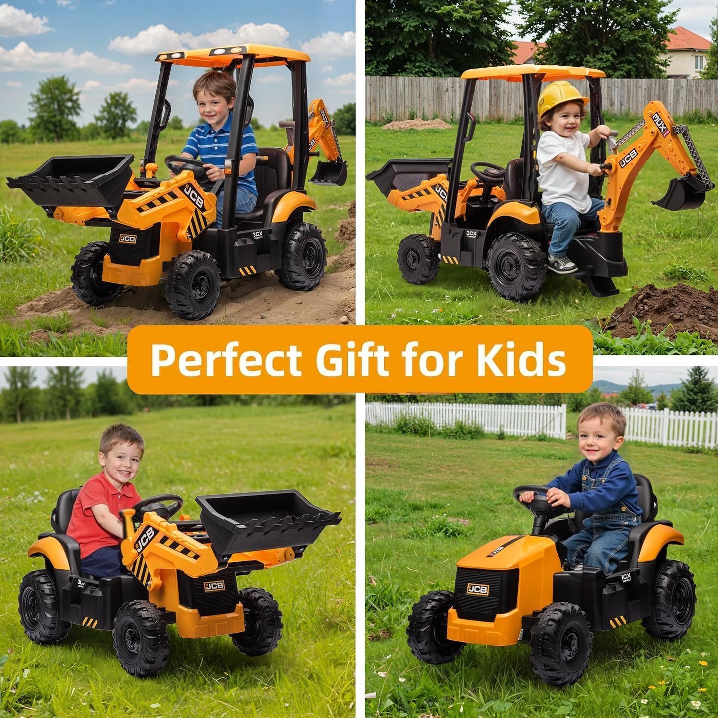 12V JCB Ride On Excavator, Ride on Toys for Kids 4-8, Electric Car for Kids with Tractor, Bulldozer, Digging Arm, Backhoe Toy Car with Slow Start/Stop, Adjustable Speeds