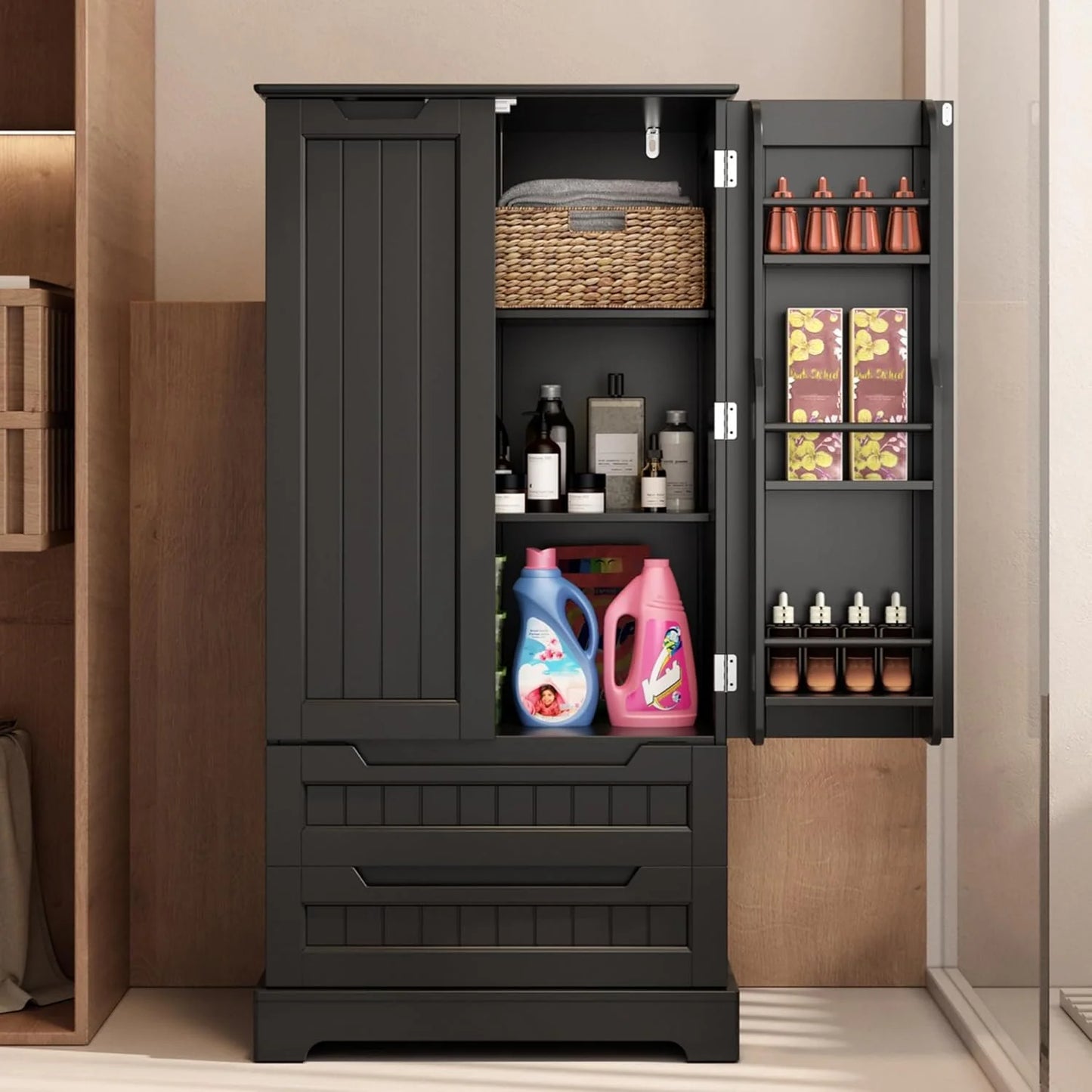 Gizoon Kitchen Pantry Cabinet with Drawers Freestanding Bathroom Storage Cabinet with Doors and Shelves, 47 Inch Small Pantry Cabinet