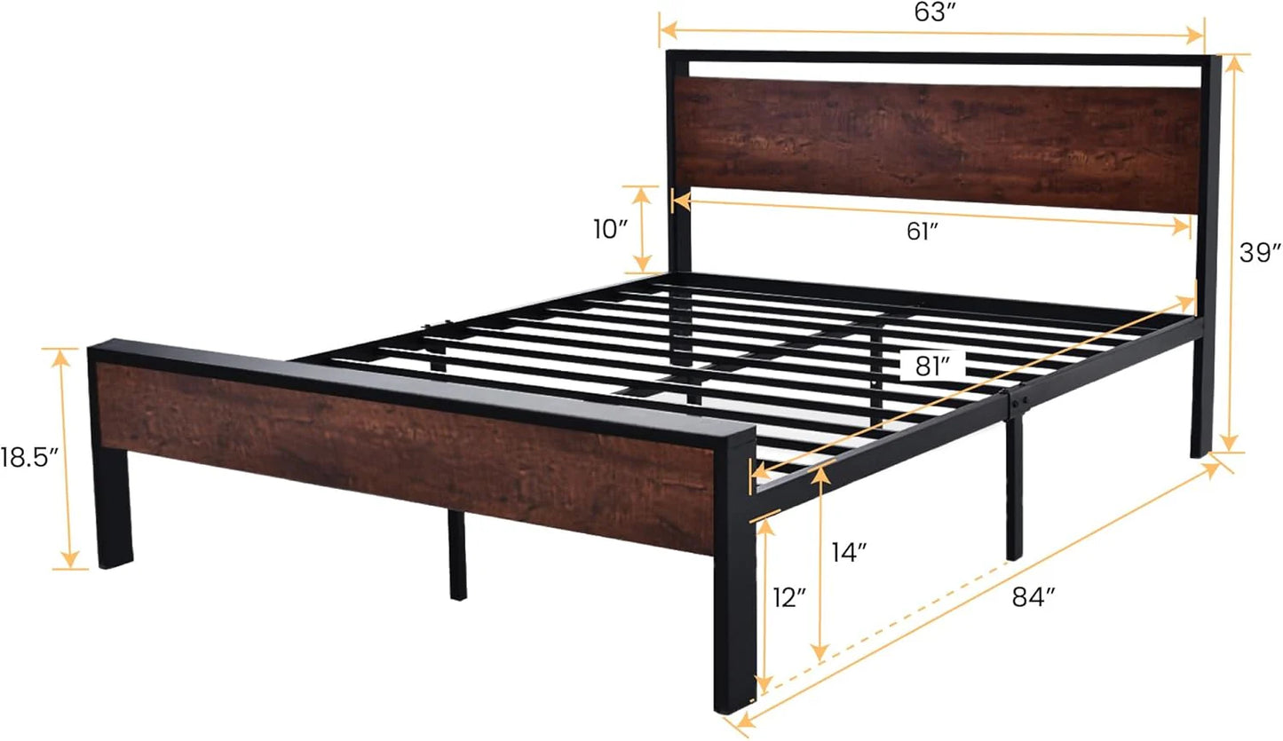 SHA CERLIN 14 Inch Full Size Metal Platform Bed Frame with Wooden Headboard and Footboard, Mattress Foundation, No Box Spring Needed, Large Under Bed Storage, Non-Slip Without Noise, Mahogany