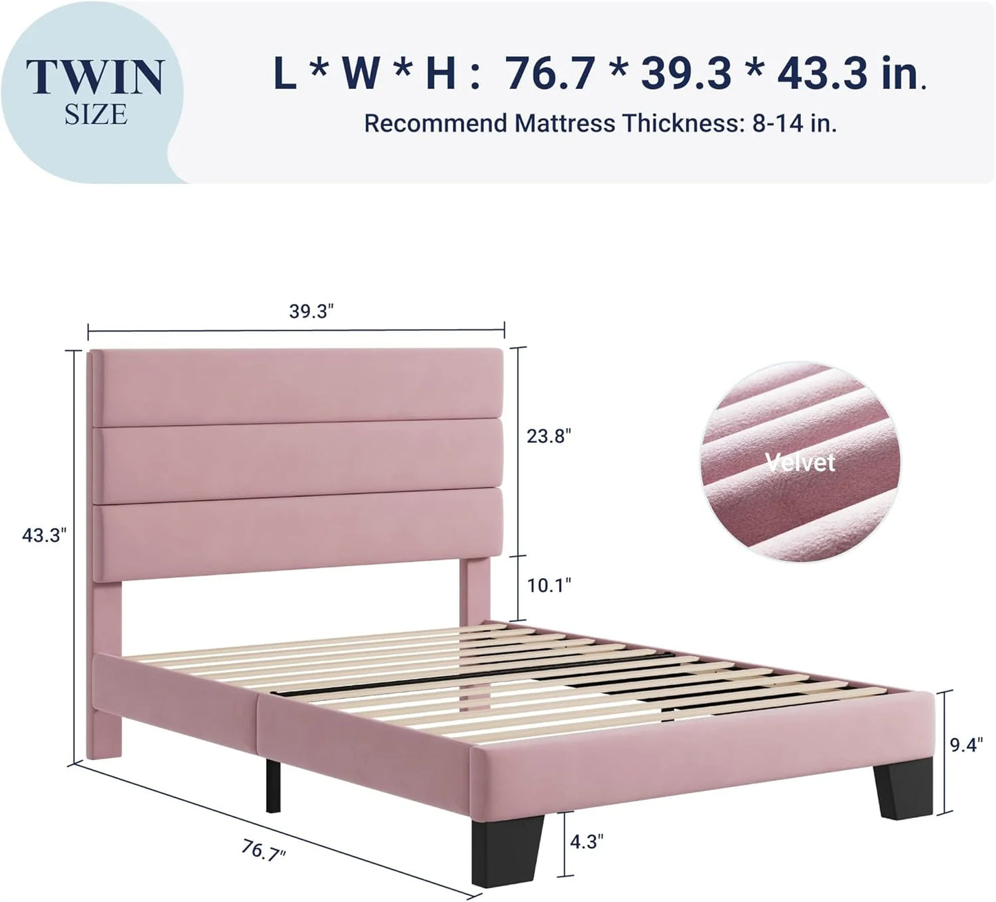 Allewie King size platform bed frame with velvet upholstered headboard and planks