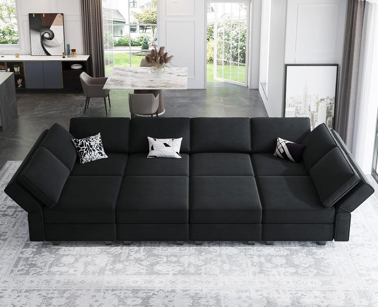 Belffin Modular Sectional Sofa with Ottomans Velvet Reversible Sleeper Chaise Bed Storage Seat Black