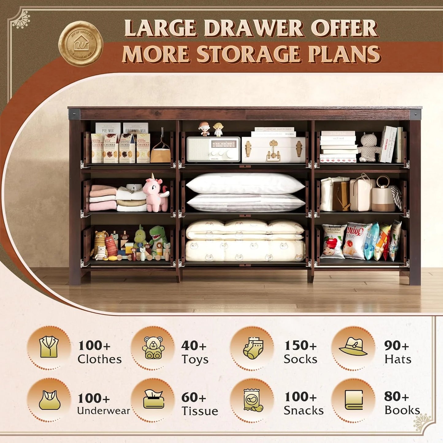 9 Drawer Led Dresser for Bedroom, 58.35'' Wide Wood Dresser Storage Organizer with Power Outlets for 65'' TV, Dressers with Open Shelves