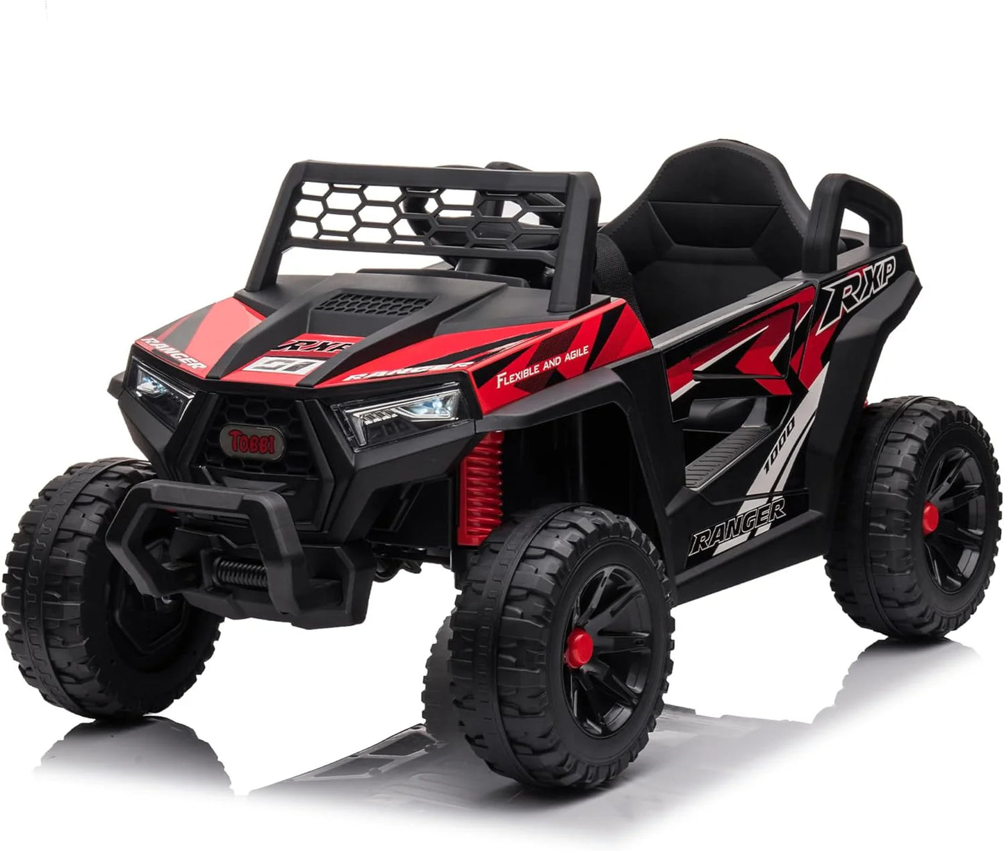 TOBBI 12V Kids Ride on Car, Electric Off-Road UTV Truck with Diverse Functions, Double Open Doors, Safety Belt, Horn, Music, and Lights for Kids Aged 3-5 Years (Rose Red)