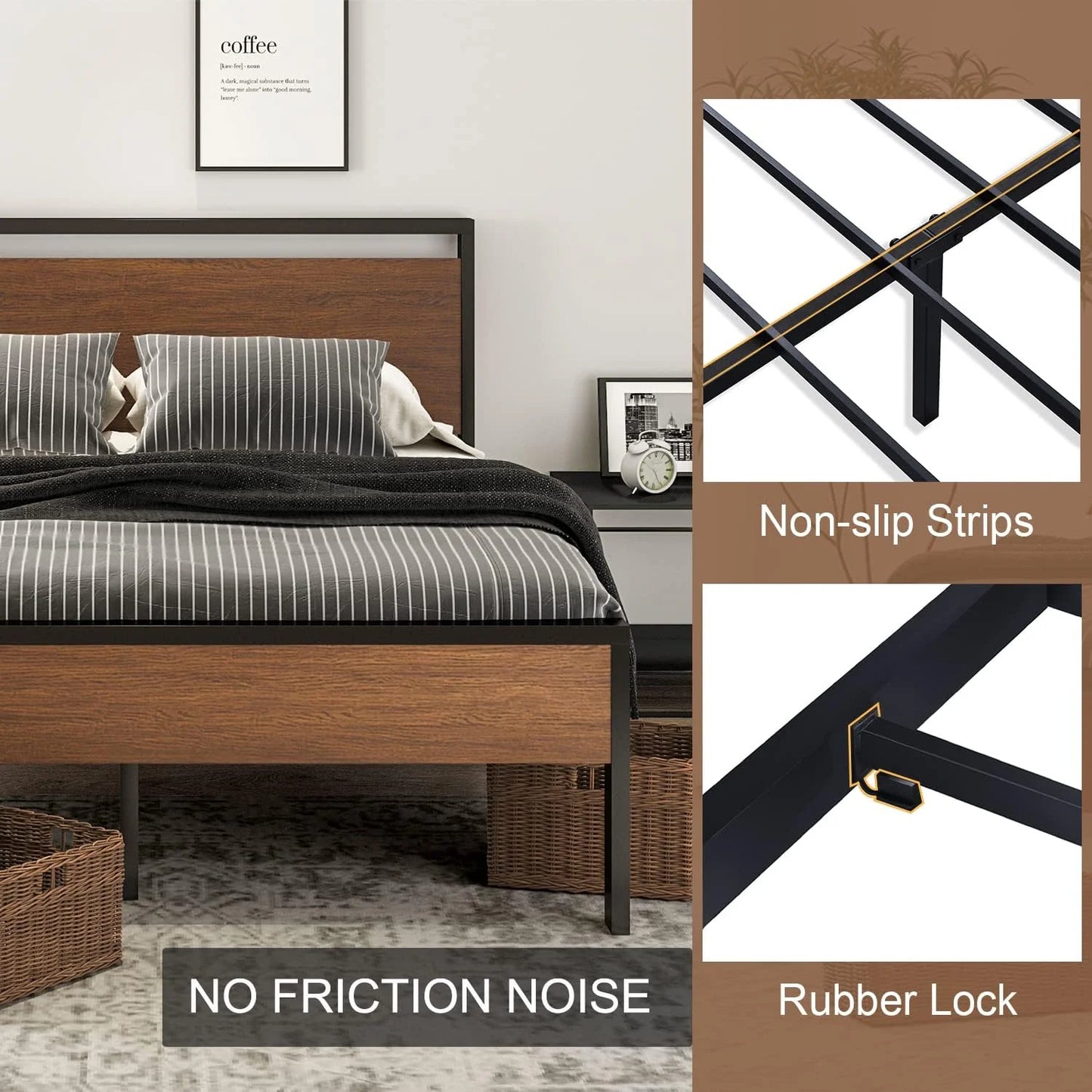 SHA CERLIN 14 Inch Queen Size Metal Platform Bed Frame with Wooden Headboard and Footboard, Mattress Foundation, No Box Spring Needed, Large Under Bed Storage, Non-Slip Without Noise, Black Oak