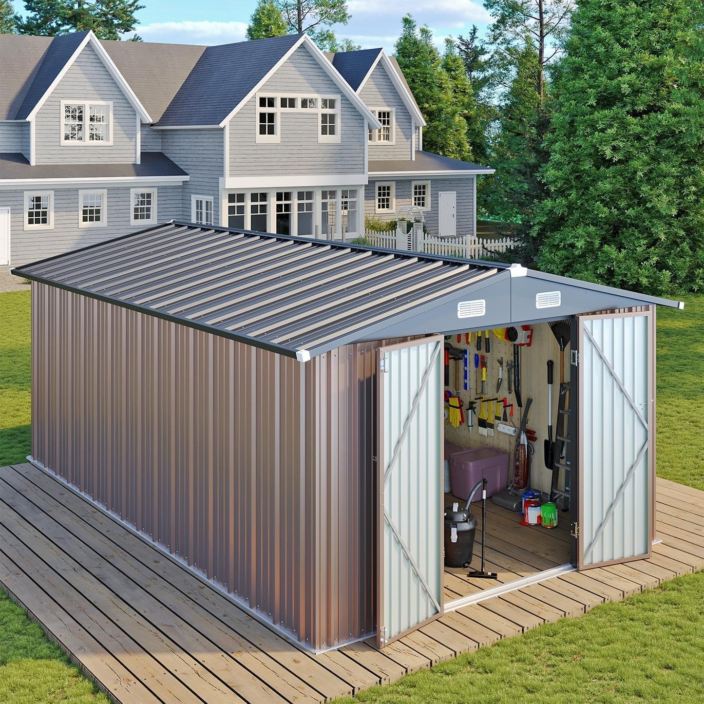 Aoxun 6.2x4 FT Shed Outdoor Storage Shed Metal Garden Shed with Lockable Doors & Slooping Roof Tool Shed Bike Shed for Backyard, Patio, Poolside (Brown)