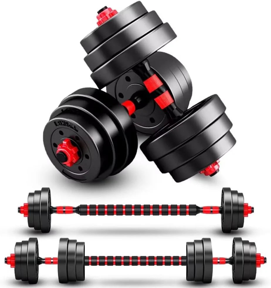 Adjustable dumbbell set, free weight dumbbell pair convertible into barbell