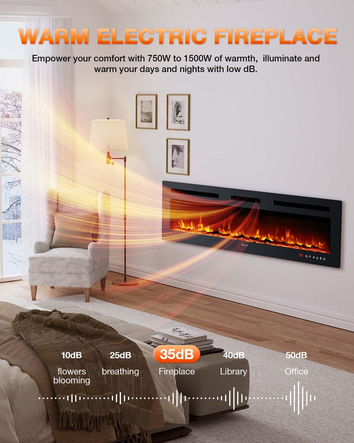 Electric Fireplace 60Inch,Wall Mounted Electric Fireplace Heater with Timer Inserts，TV Stand Touch Screen and Realistic Flame,Log Set,Crystal Flames 750 to 1500W，Remote for Living Room