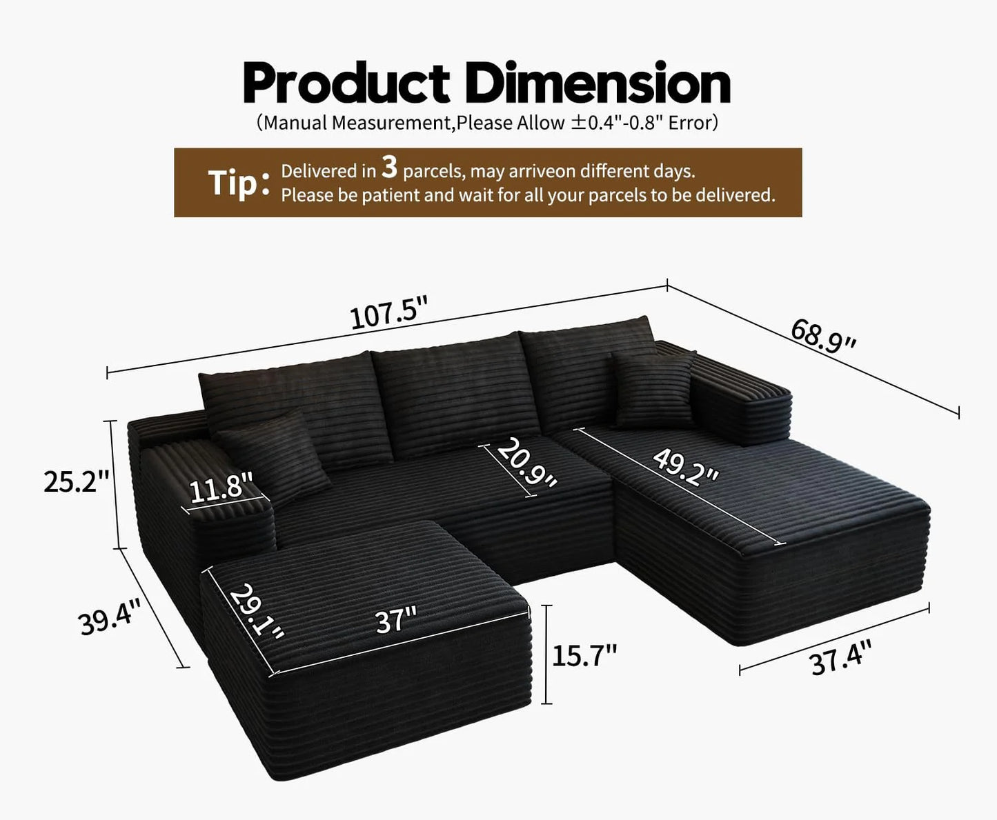 107.5 inch Cloud Modular Sectional Sofa with L-Shaped Chaise Lounge, Modern Minimalist Upholstered Sofa Deep Seating Corner Sofa