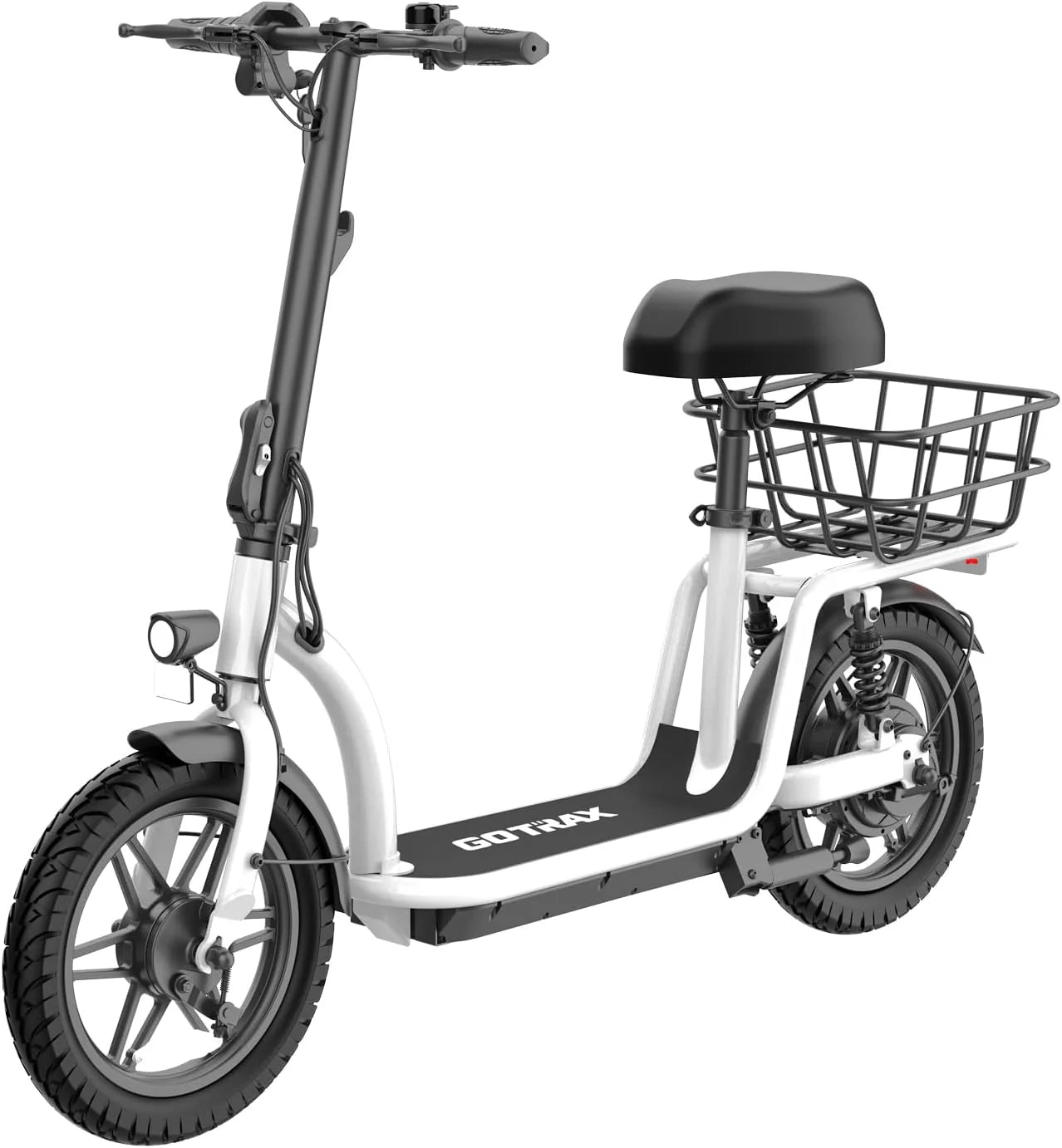 Gotrax adult electric scooter with seat, maximum range of 19-25 miles, all-terrain tires, wide pedals, padded seat, and carrycot