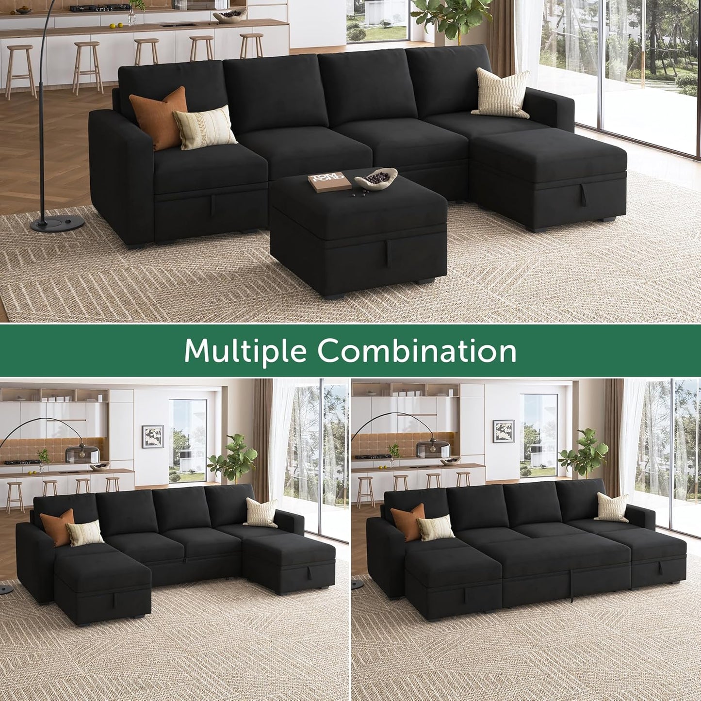 HONBAY Modular Sectional Sleeper Sofa with Pull Out Bed, L Shaped Couch with Storage Seat, Convertible Sectional Couches for Living Room