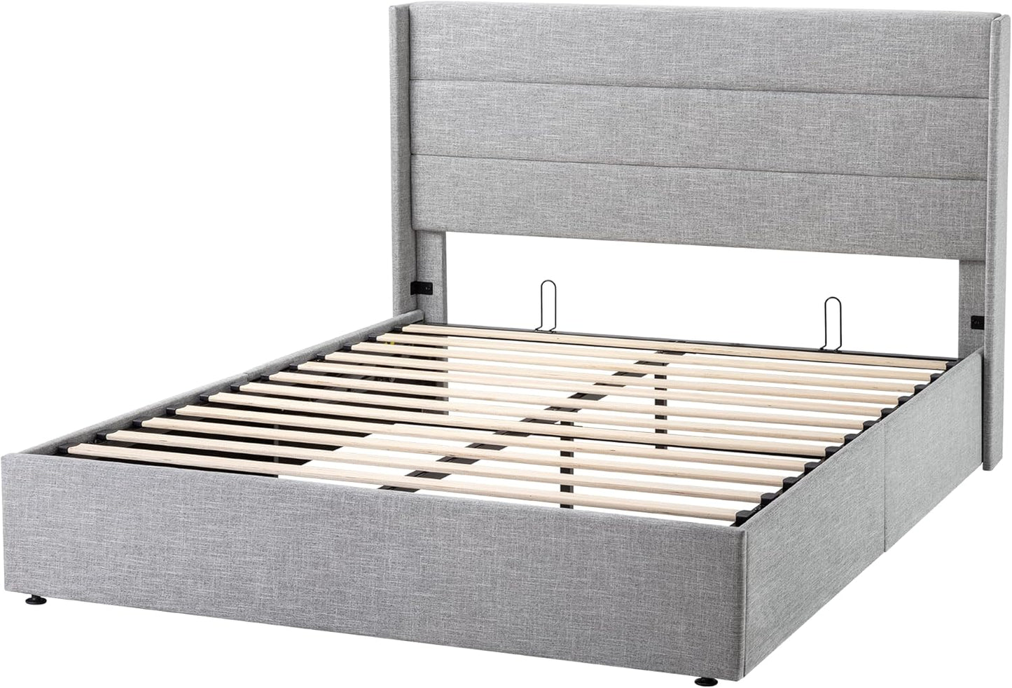 Allewie Queen Size Lift Up Storage Bed, Modern Wingback Headboard, Hydraulic Support, No Box Spring Needed, Light Beige