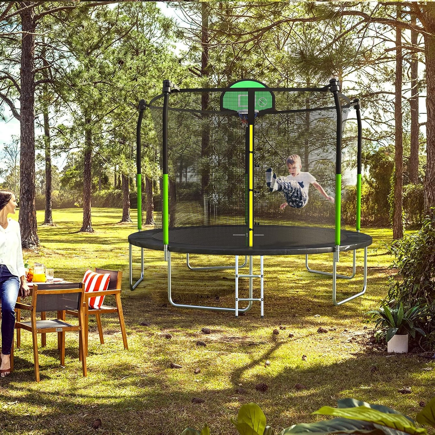 AOTOB 8FT 10FT 12FT 14 FT 15FT Trampoline with Safety Enclosure Net，Outdoor Trampoline with Basketball Hoop, Heavy Duty Jumping Mat and Spring Cover Padding for Kids and Adults, Storage Bag and Ladder