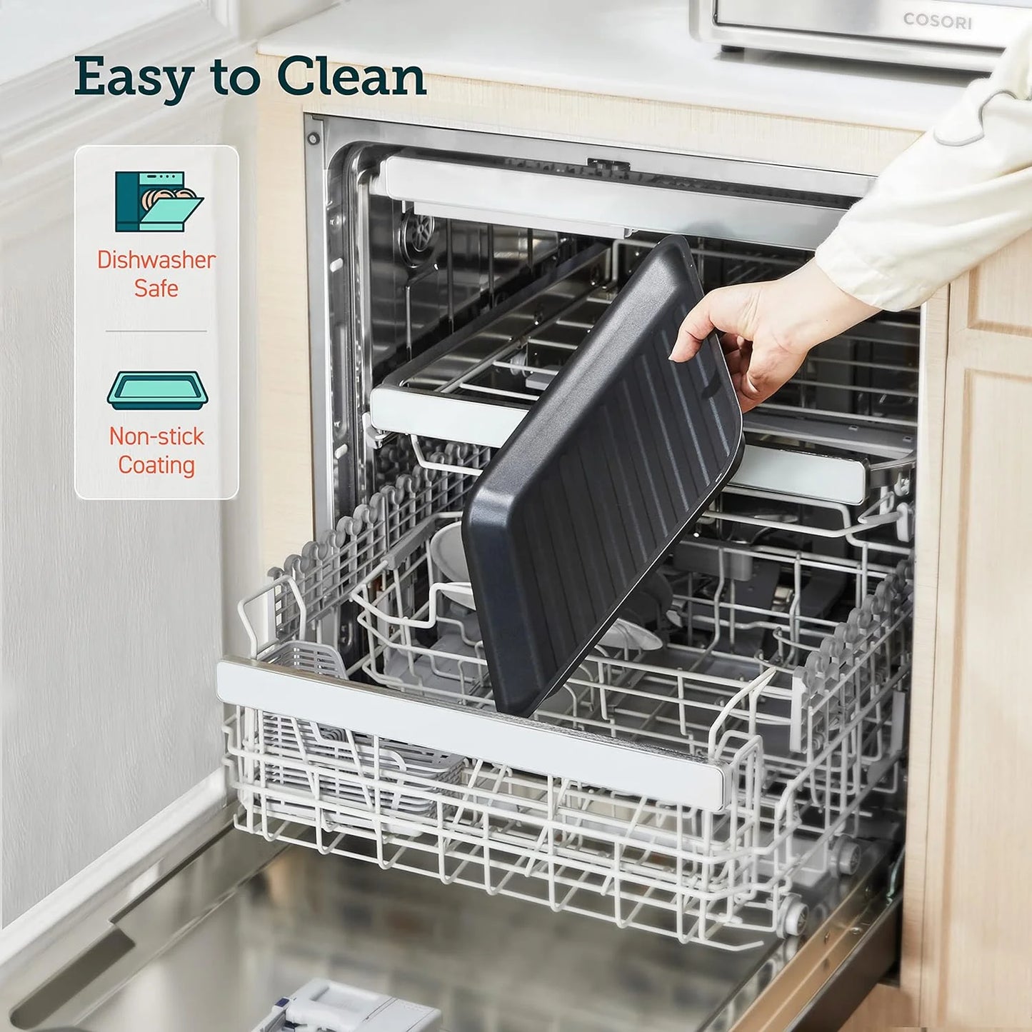 COSORI 11-in-1 air fryer, 13-quart capacity, combines grilling, toasting, baking, and reheating. Includes recipes and 6 accessories.