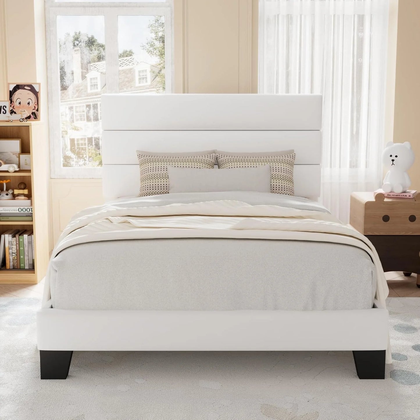 Allewie Queen Size Platform Bed Frame with Fabric Upholstered Headboard and Wooden Slats Support, Fully Upholstered Mattress Foundation/No Box Spring Needed