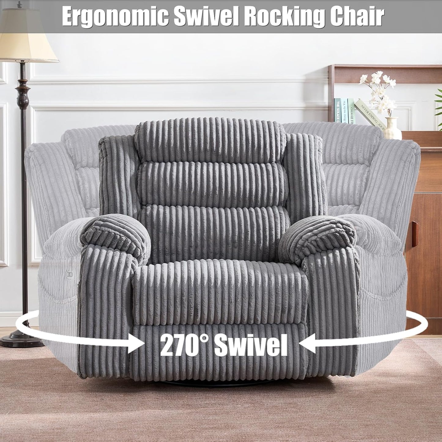 Electric rotary rocker lounge chair for adults with massage and calories, USB and C charging ports