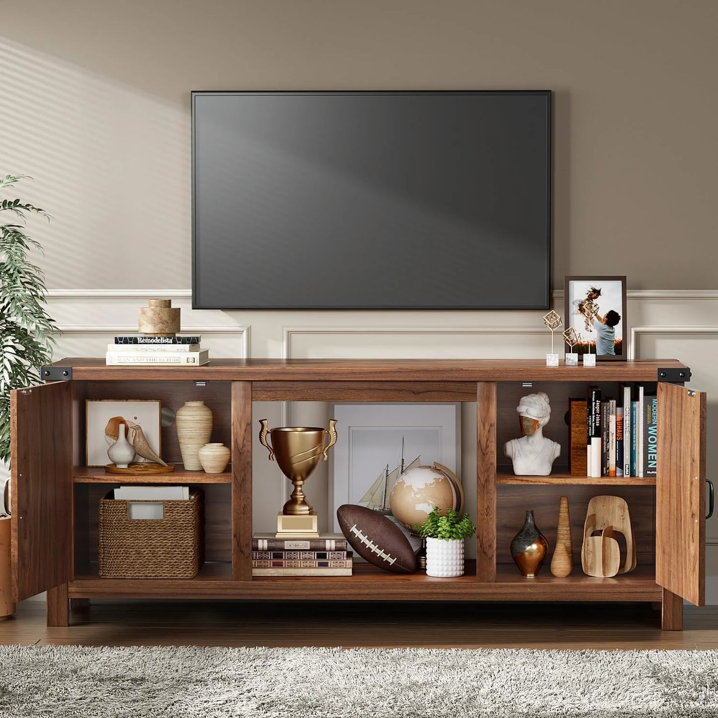YESHOMY Fireplace TV Stand with Two Barn Doors and Storage Cabinets for Televisions up to 65+ Inch, Entertainment Center Console Table, Media Furniture for Living Room, 58 Inch
