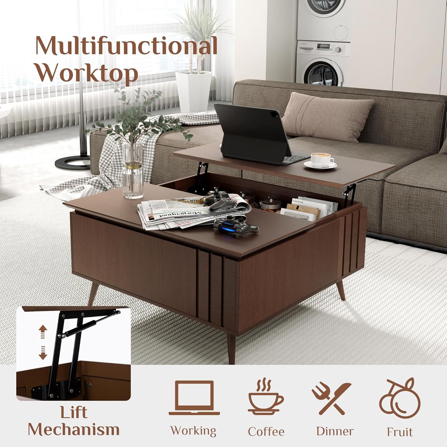 Round Coffee Table with Storage,Fluted Center Table with Sliding Cabinet Door for Living Room,Home Small Space,31.5" Small Center Table,Walnut