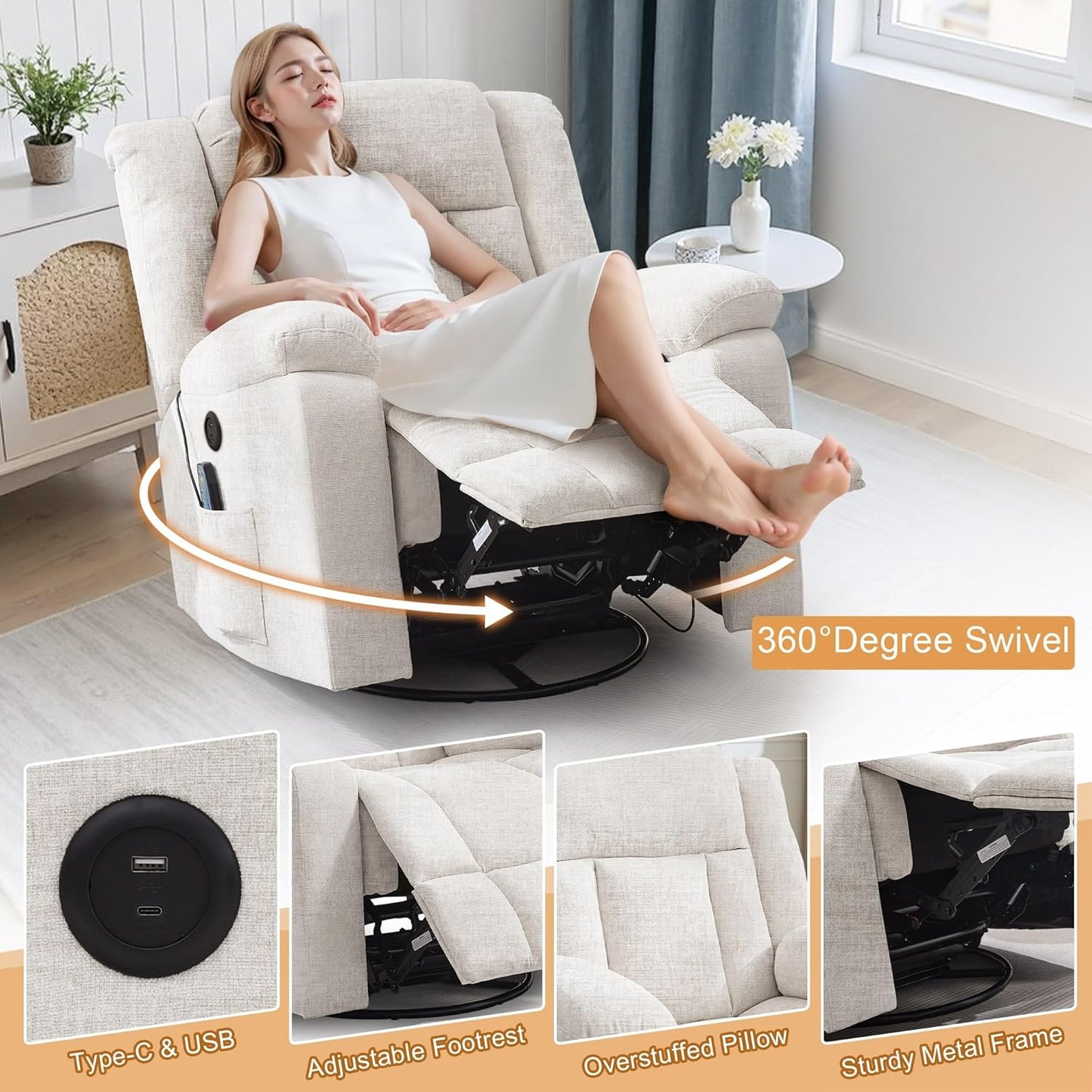Adult rocking chair, gliding recliner, 360° rotating rocking chair with massage and heating function