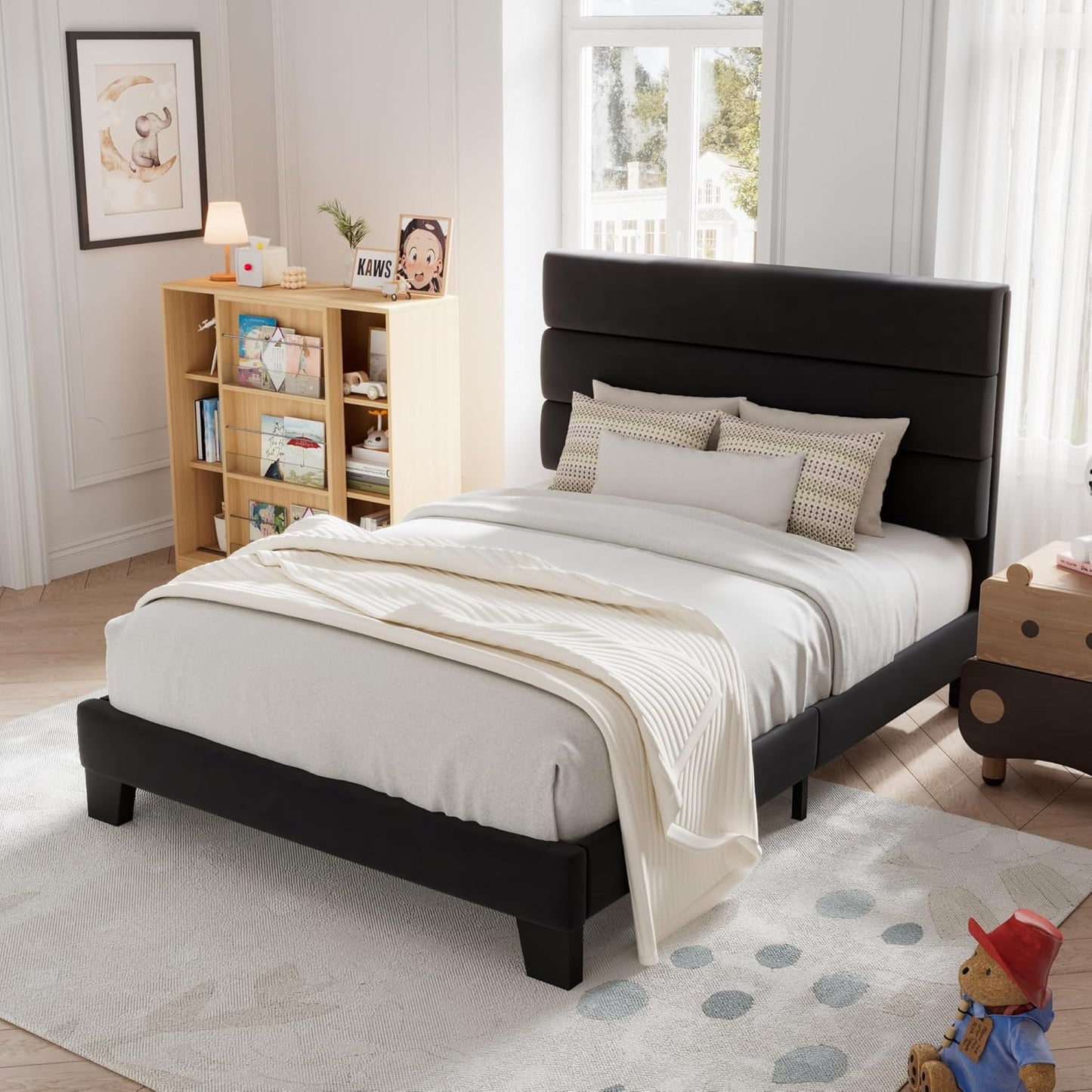Allewie King size platform bed frame with velvet upholstered headboard and planks