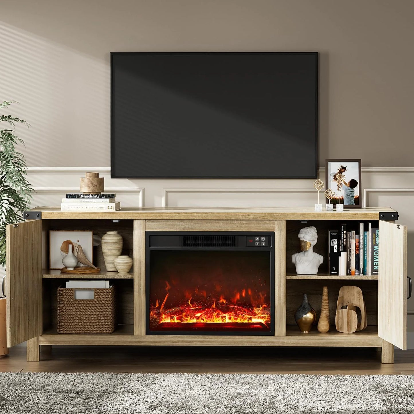 YESHOMY Fireplace TV Stand with Two Barn Doors and Storage Cabinets for Televisions up to 65+ Inch, Entertainment Center Console Table, Media Furniture for Living Room, 58 Inch