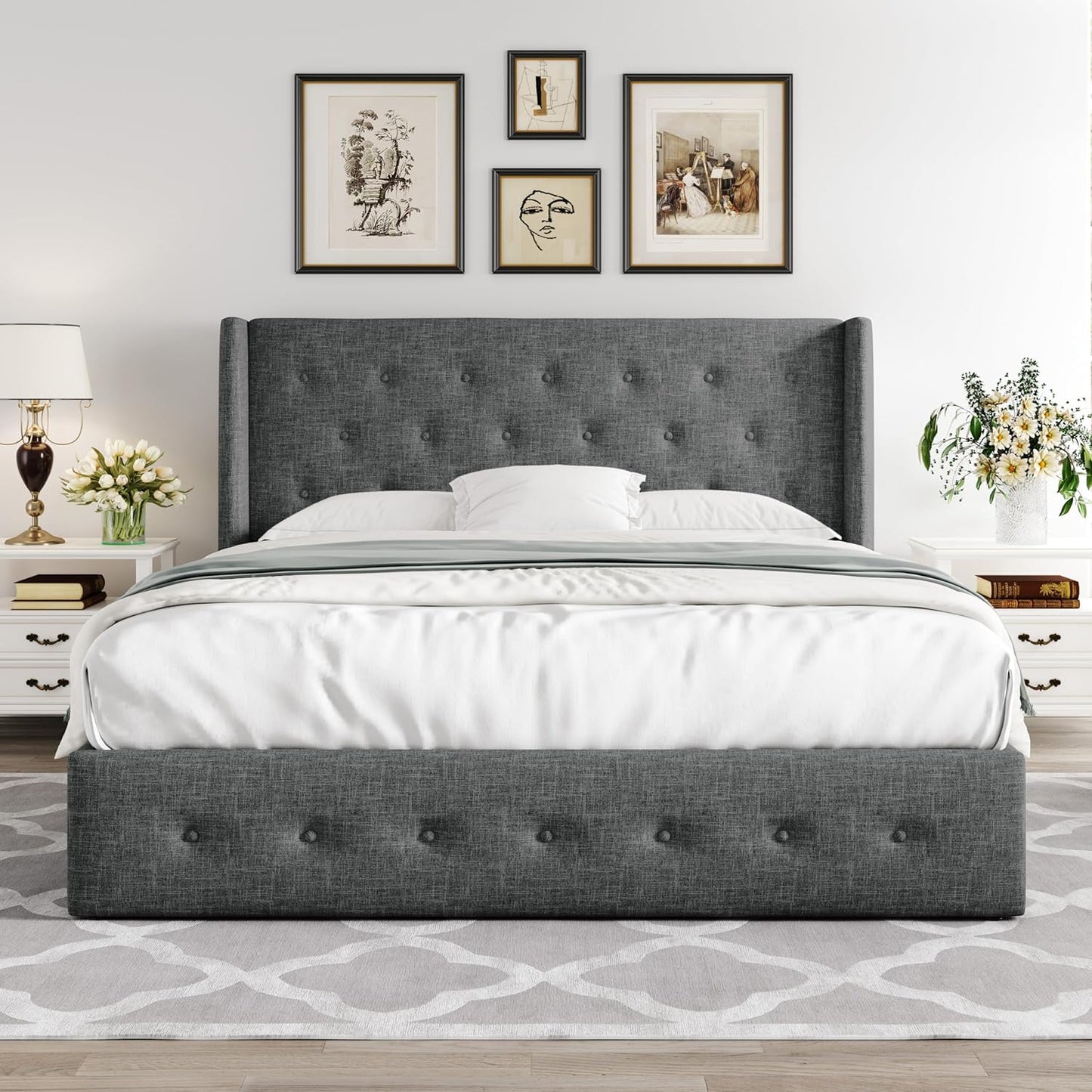 Allewie Queen Size Lift Up Storage Bed, Modern Wingback Headboard, Hydraulic Support, No Box Spring Needed, Light Beige