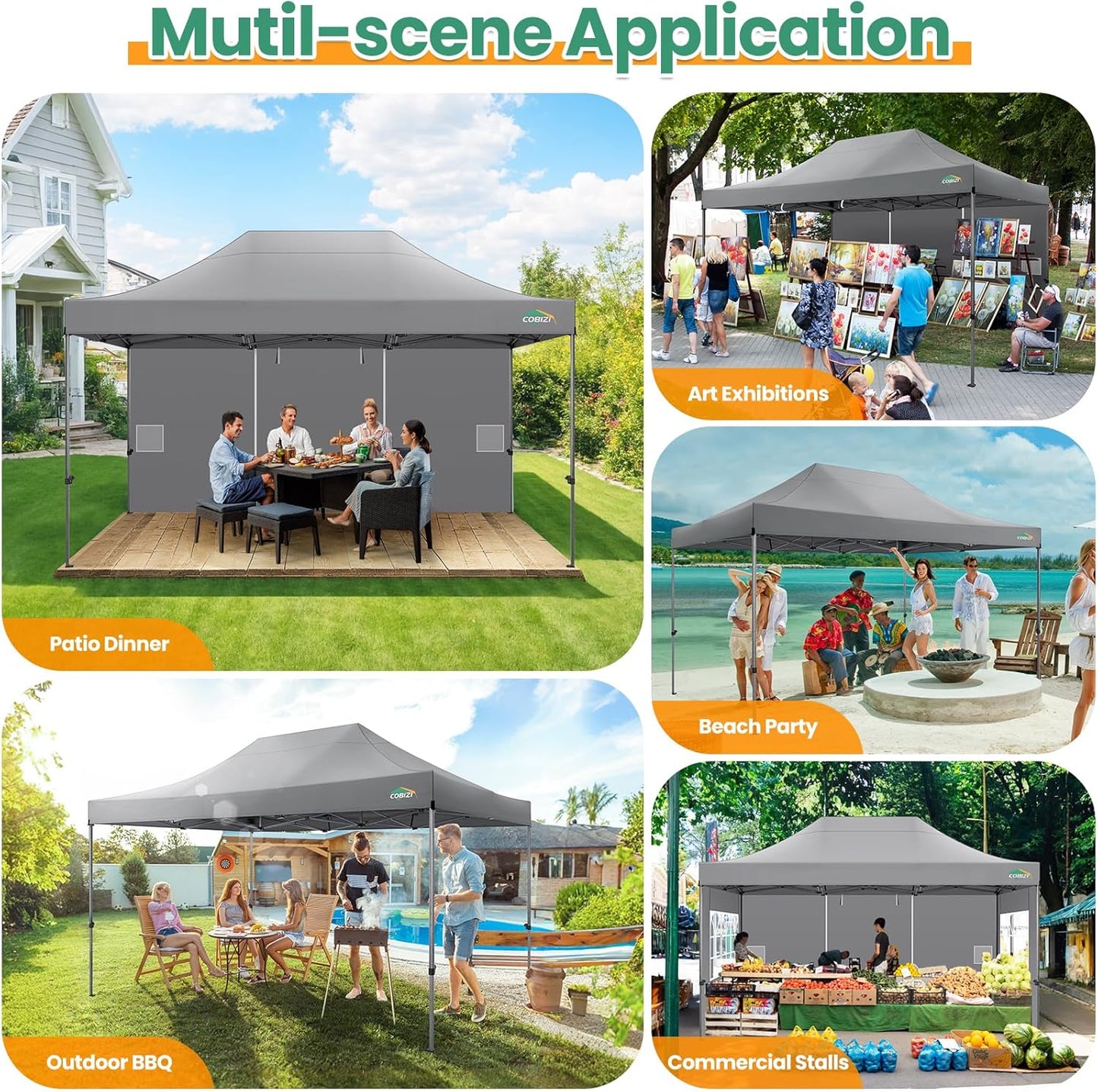 COBIZI 10x20 Heavy Duty Pop up Canopy Tent with 6 sidewalls Easy Up Commercial Outdoor Canopy Wedding Party Tents for Parties All Season Wind & Waterproof Gazebo with Roller Bag,Black(Frame Thickened)