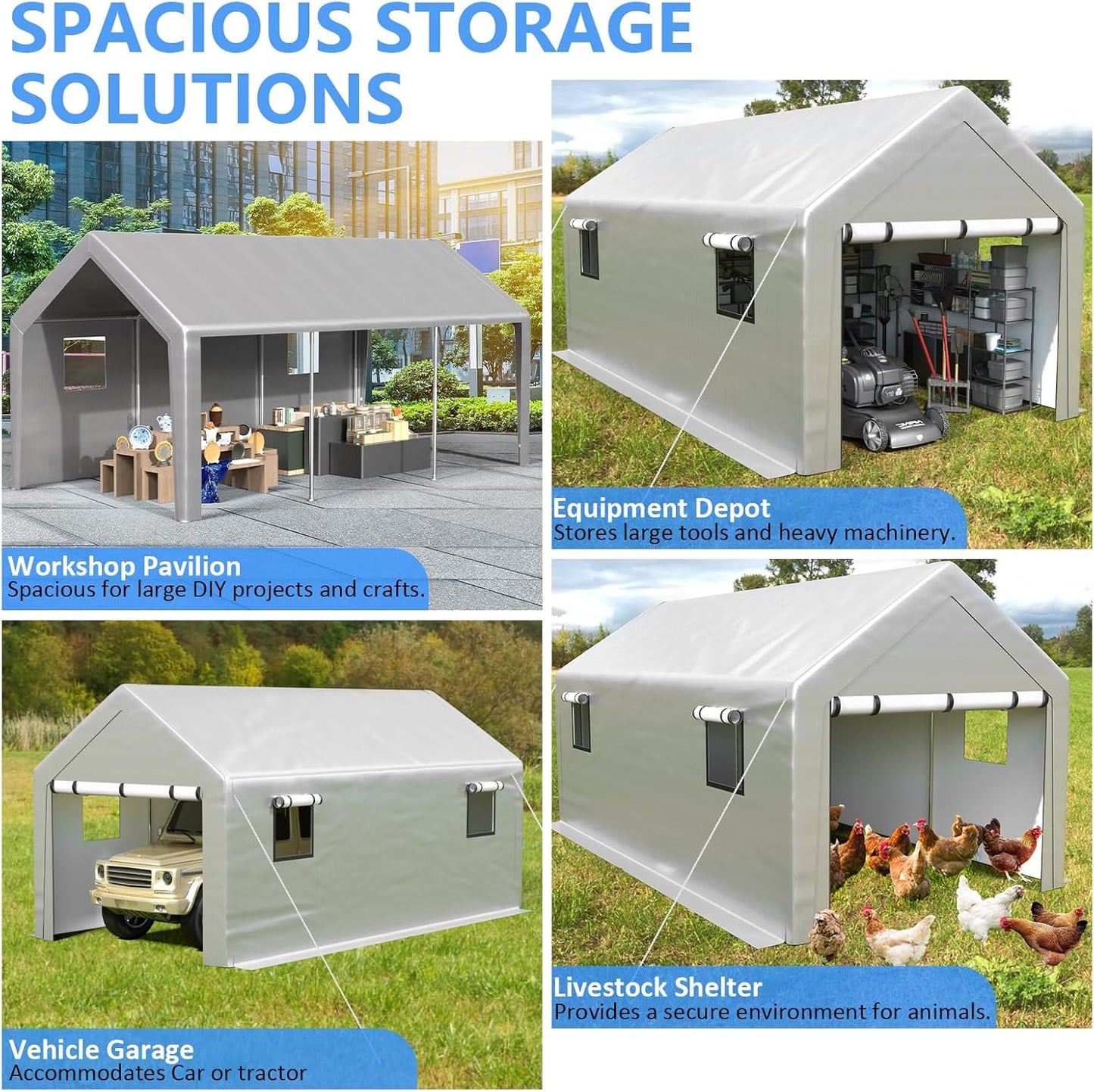6x8 ft Heavy Duty Carport Tent Portable Garage with Removable Side Walls and Door Four Seasons Tarpaulin