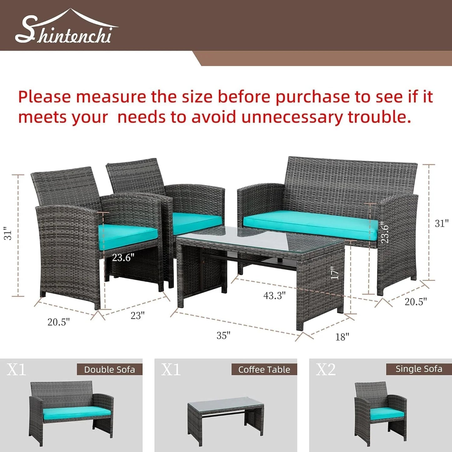 Shintenchi 4 Piece Patio Ratten Set Outdoor Furniture Set Wicker Conversation Set