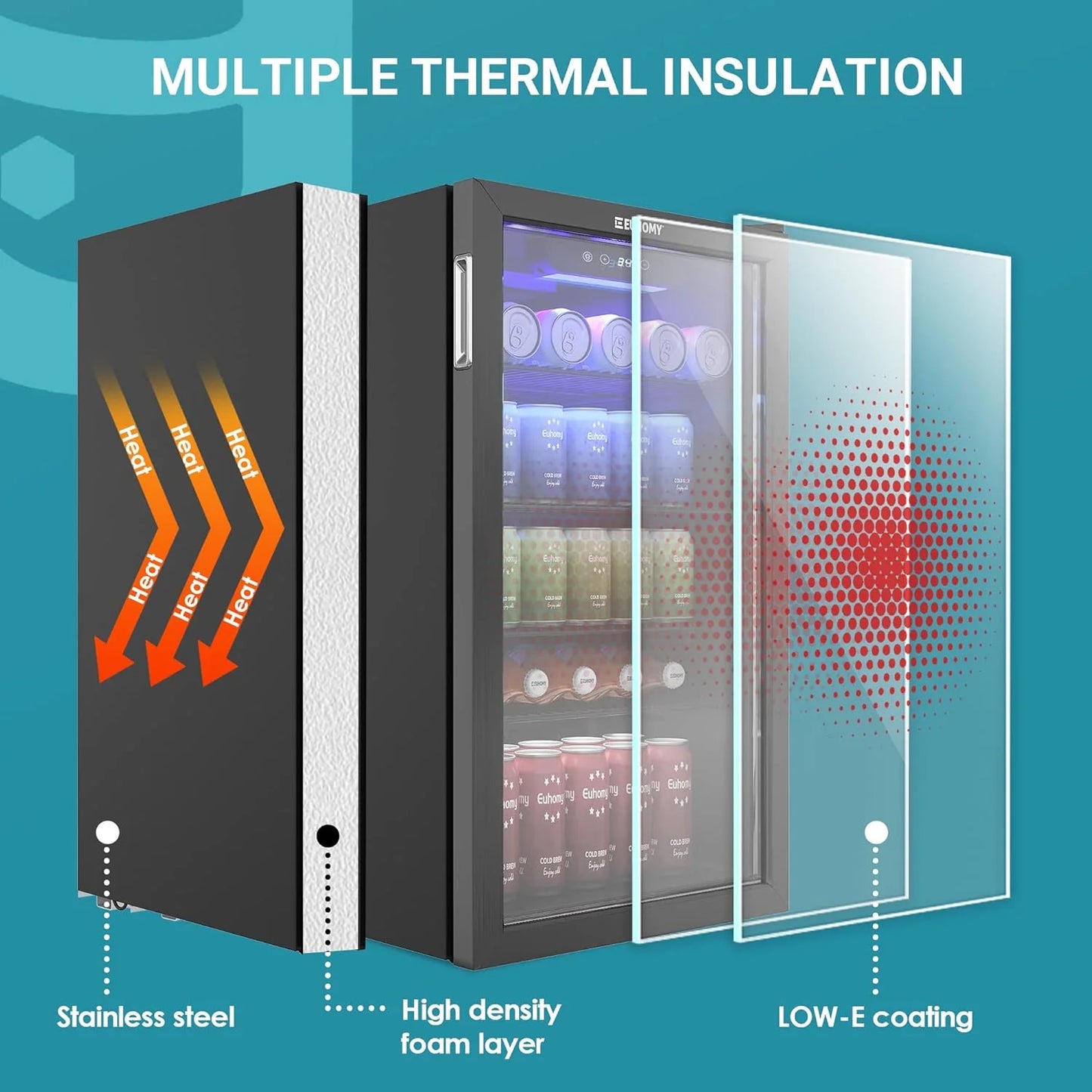 EUHOMY Beverage Refrigerator Cooler, 130 Can Mini Fridge with Glass Door for Soda Beer or Wine, Beverage Cooler for Home, Office, Bar with Adjustable Removable Shelves, Silver