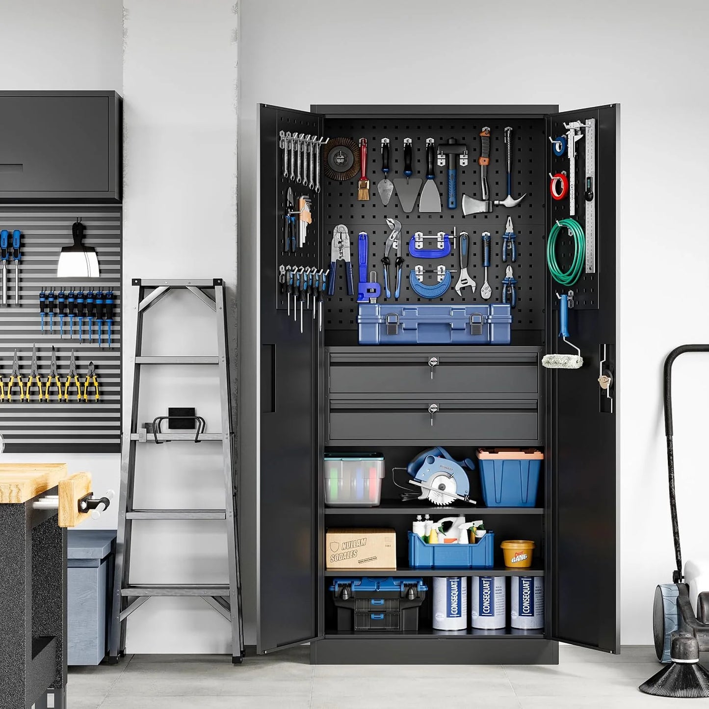 Yizosh Metal Garage Storage Cabinet with Locking Doors and 2 Drawers, Heavy Duty Steel Tool Cabinet with Pegboard, 71" - Lockable Cabinets